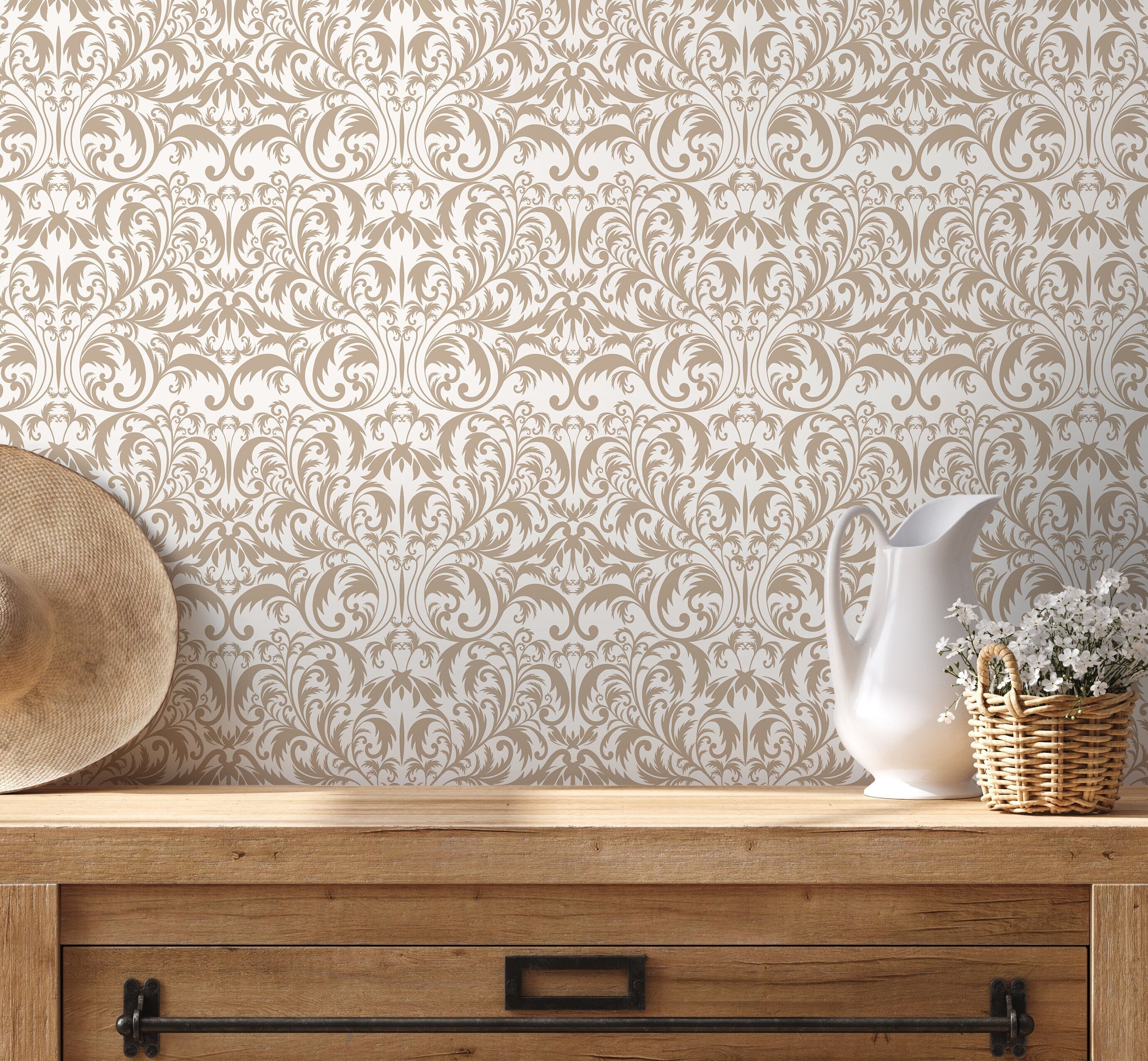 Victorian Wallpaper With An Elegant Damask Motif In Beige - D364