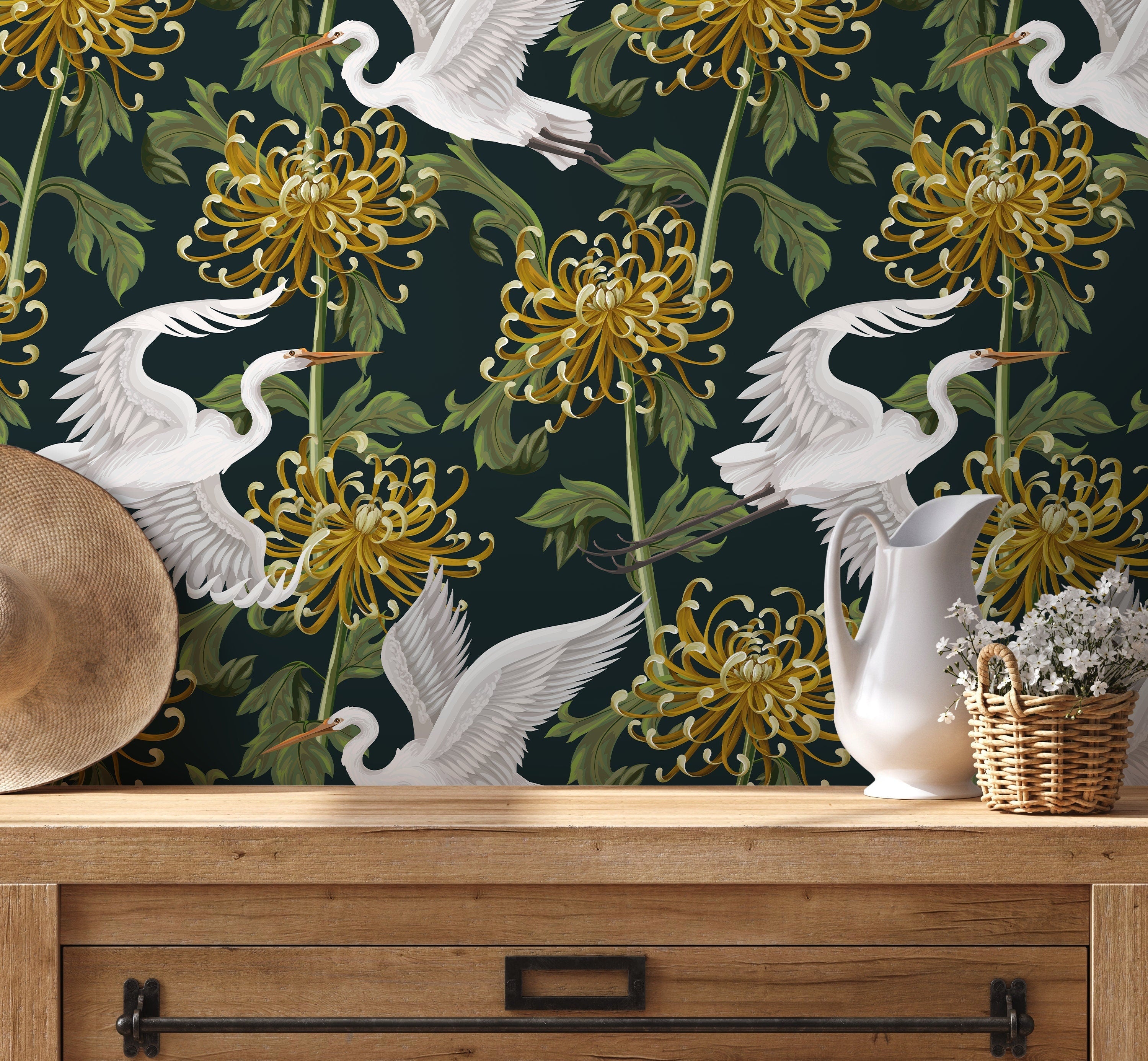 Chinoiserie Wallpaper With Cranes And Chrysanthemums In Dark Green, Gold, And White - D262