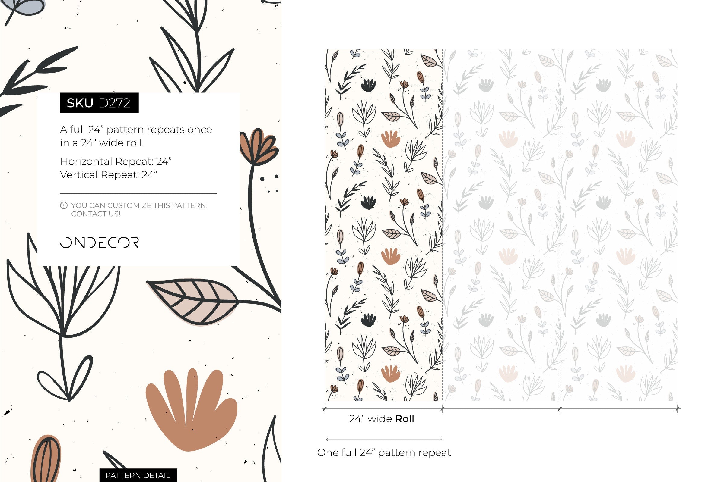 Botanical Wallpaper With Minimalist Line Art Florals In Black, Brown, And Blue - D272