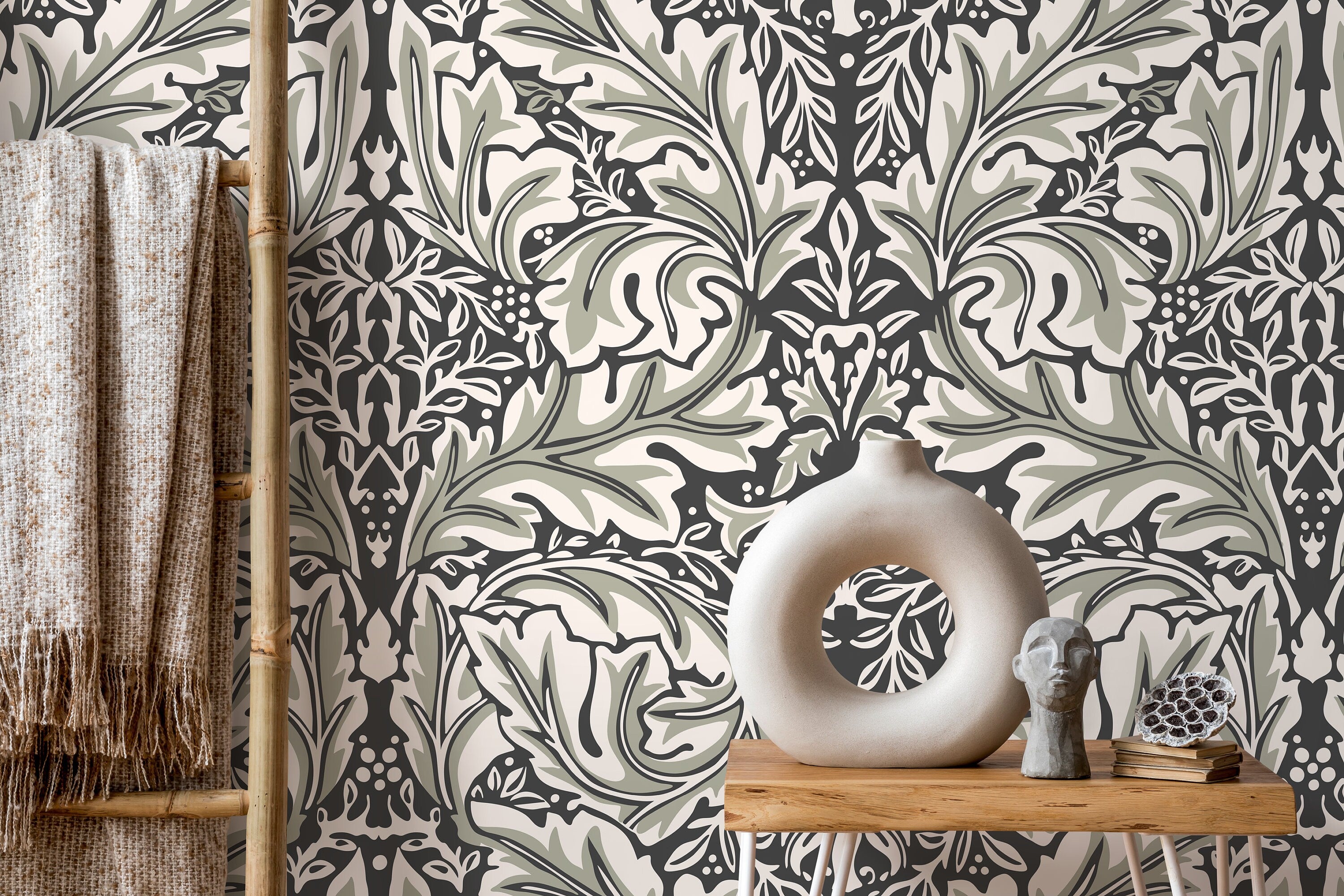Victorian Wallpaper With A Symmetrical Leaf Motif In Green, Black, And Cream - D266