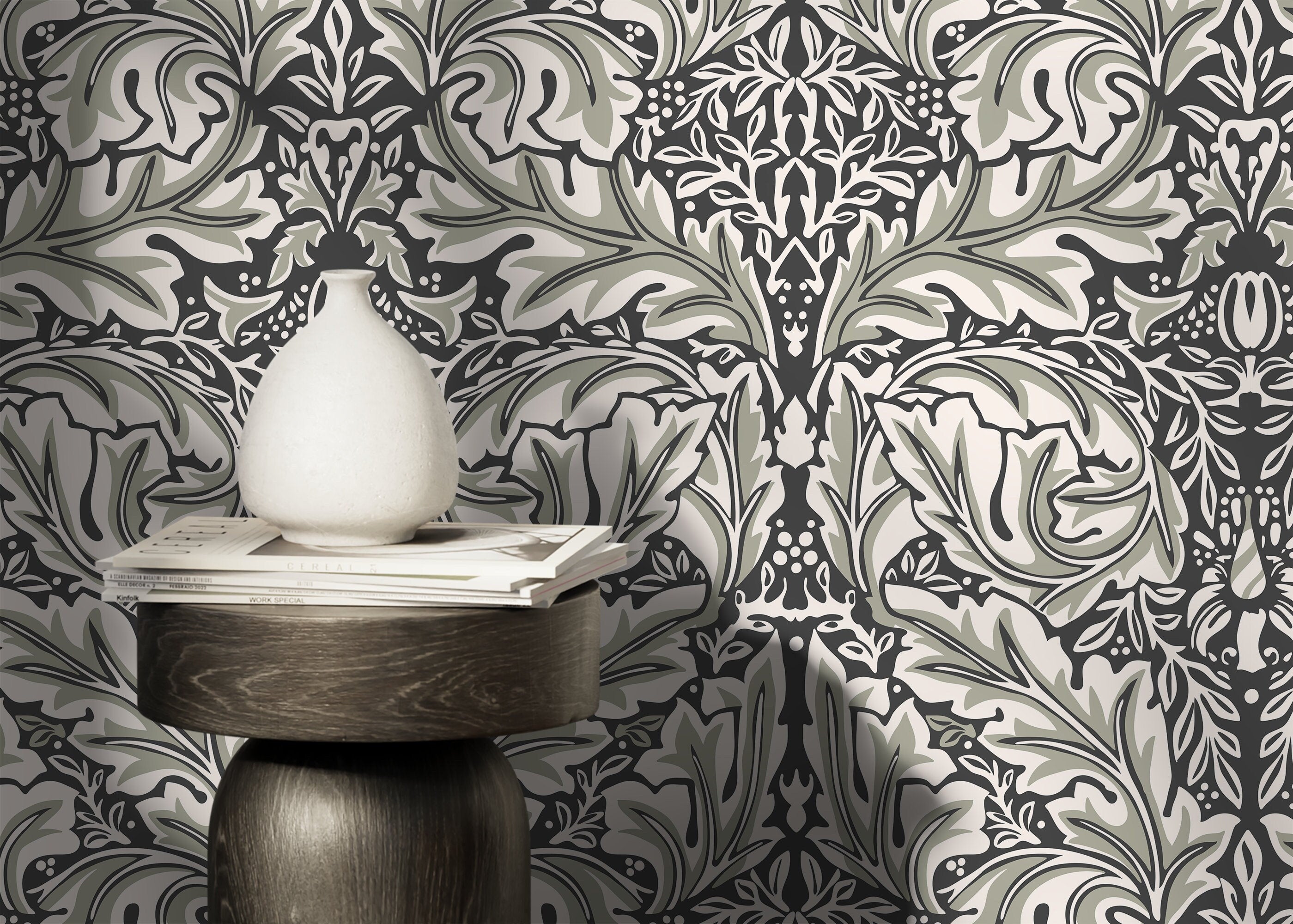Victorian Wallpaper With A Symmetrical Leaf Motif In Green, Black, And Cream - D266