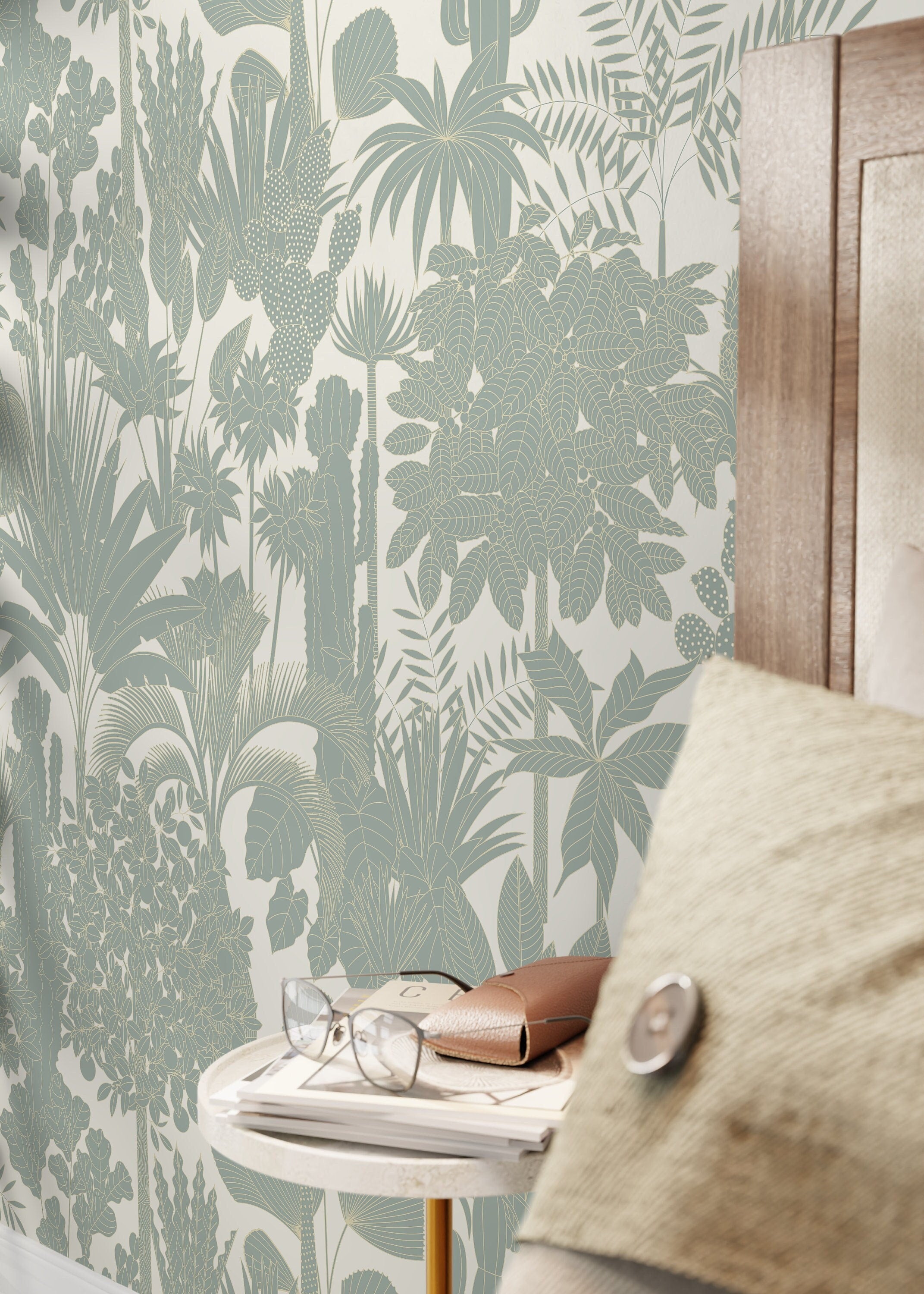Botanical Wallpaper Featuring A Jungle And Cactus Motif In Sage Green - D275