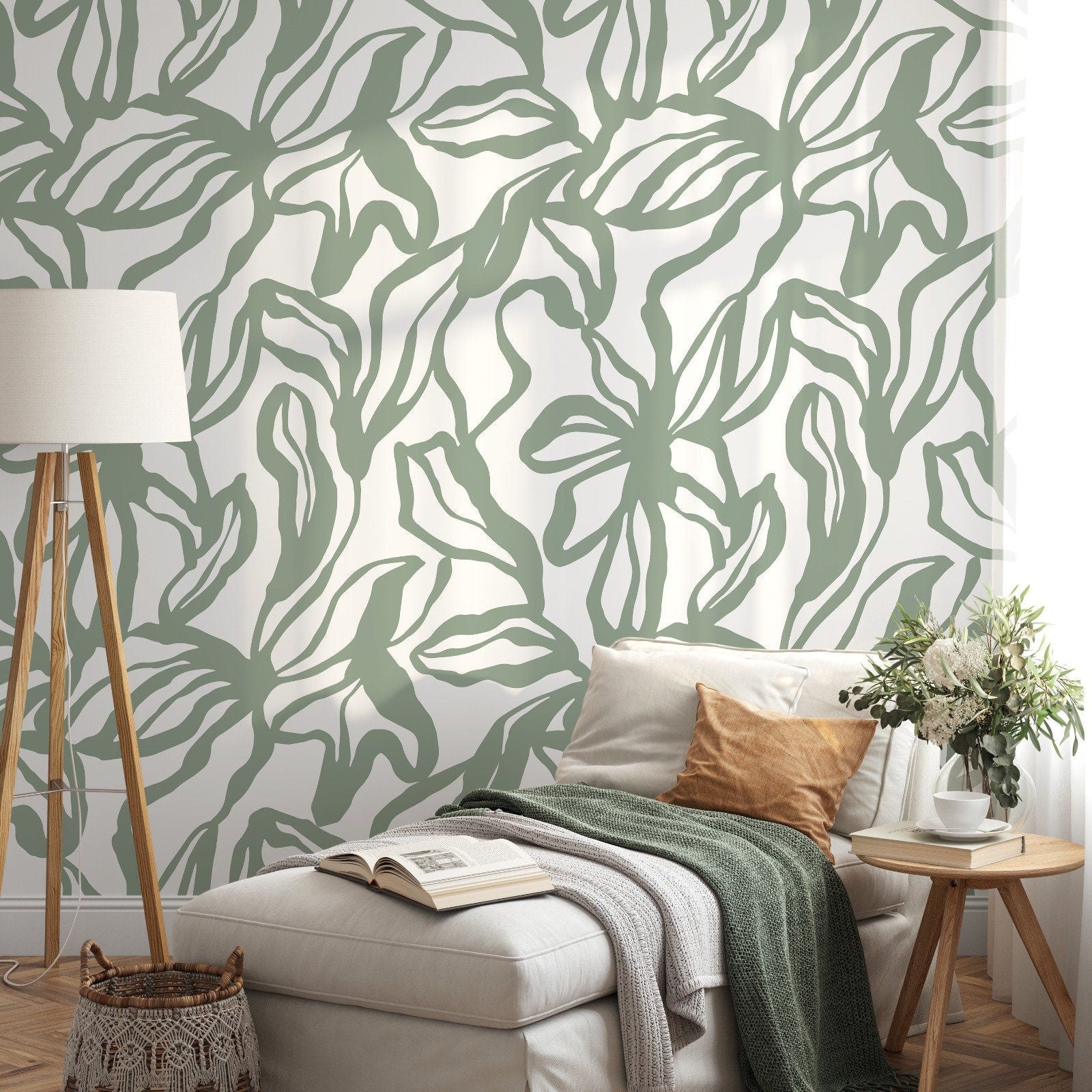 Abstract Botanical Wallpaper With Stylized Leaves In Sage Green - D288