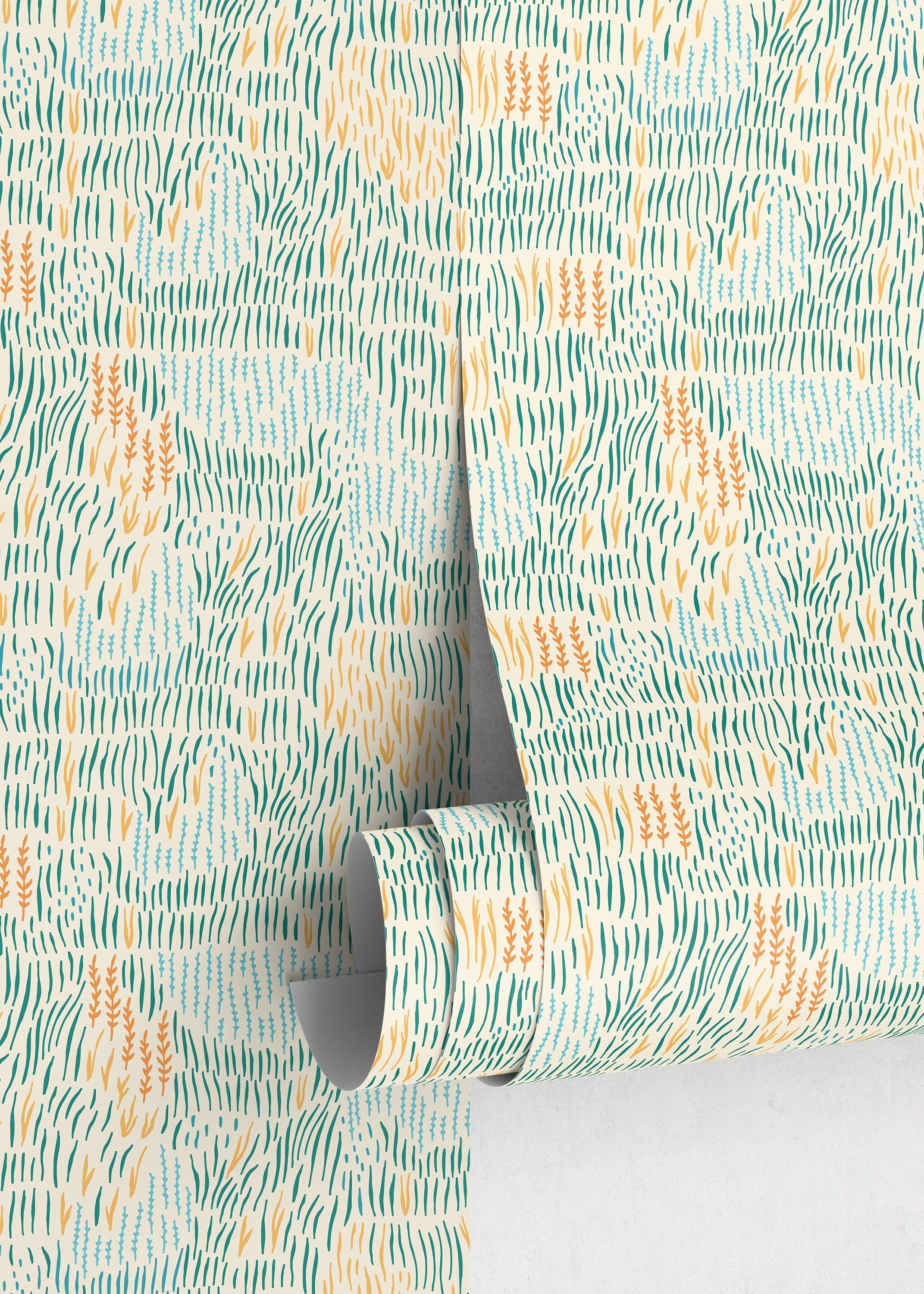 Abstract Wallpaper With Stylized Seagrass In Teal, Orange, And Blue - D290