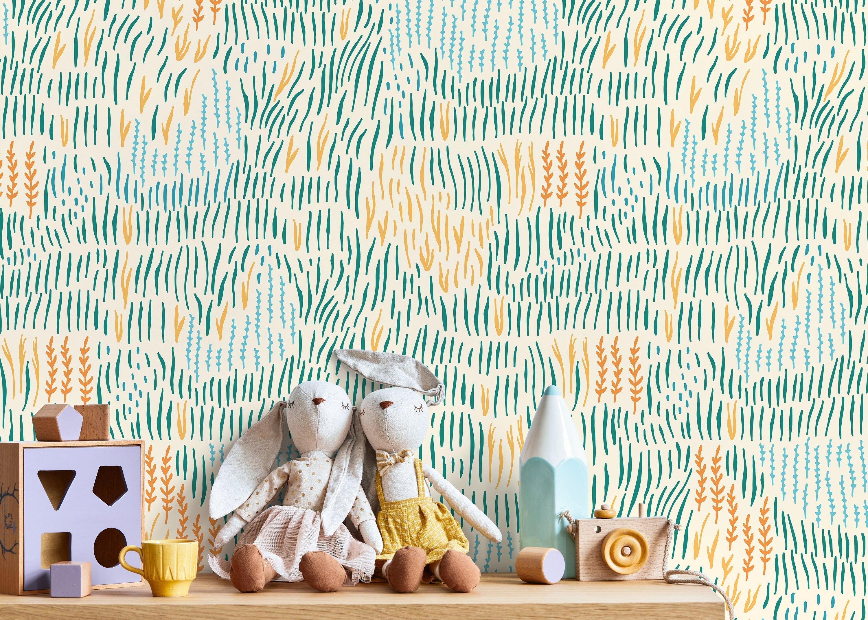 Abstract Wallpaper With Stylized Seagrass In Teal, Orange, And Blue - D290