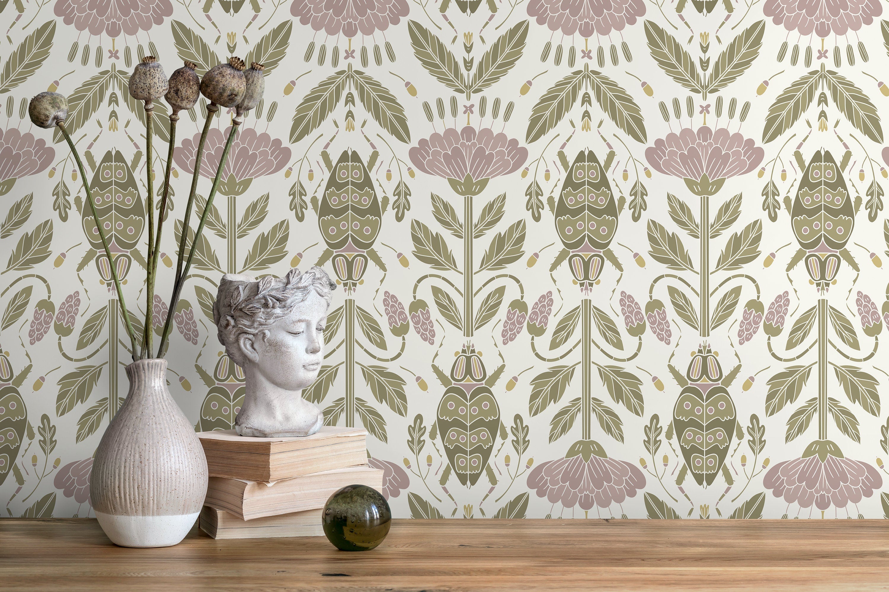 Floral Wallpaper With An Art Nouveau Beetle Motif In Pink And Green - D298