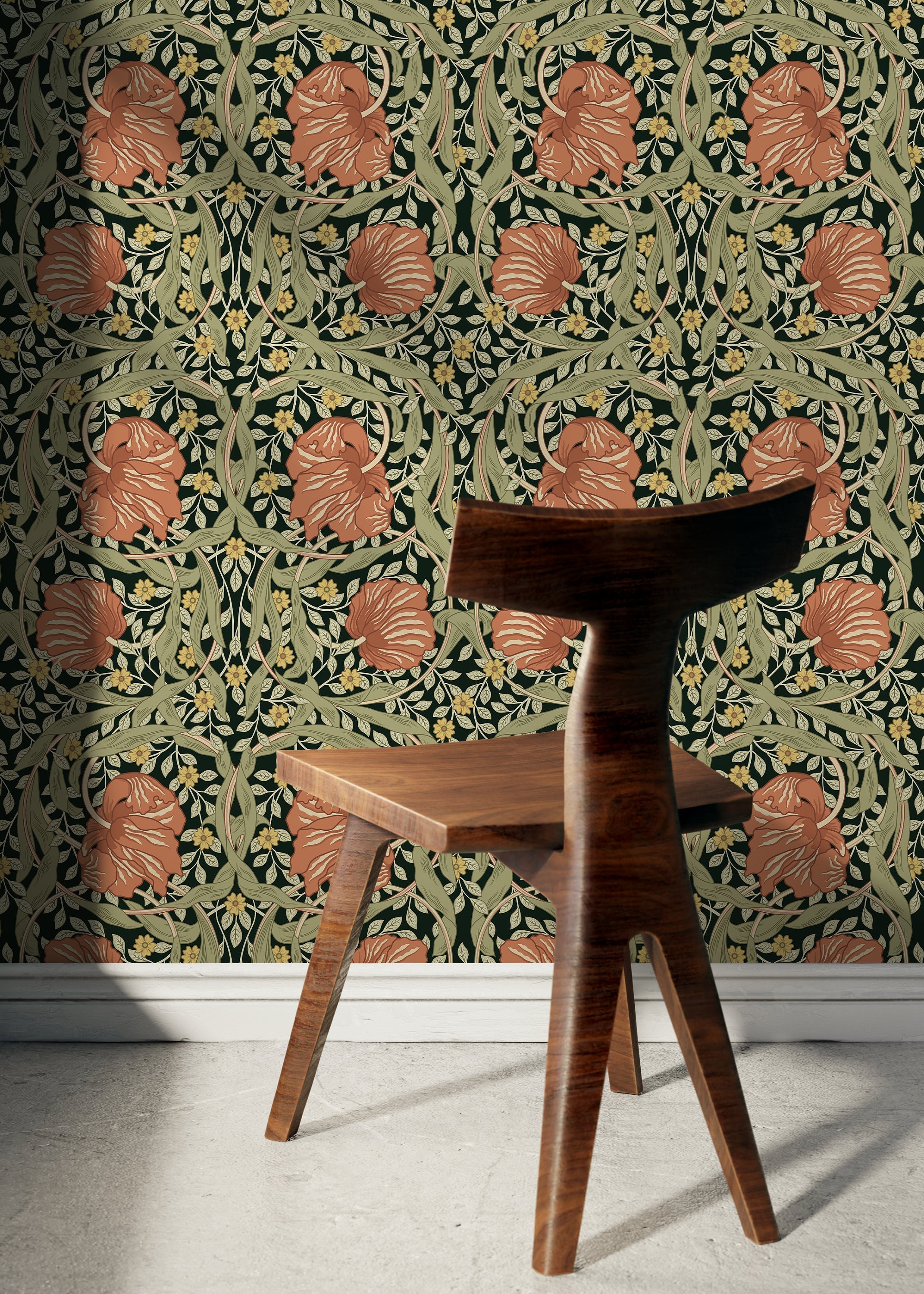 Floral Wallpaper With A Vintage Morris Style Motif In Green, Terracotta, And Yellow - D300