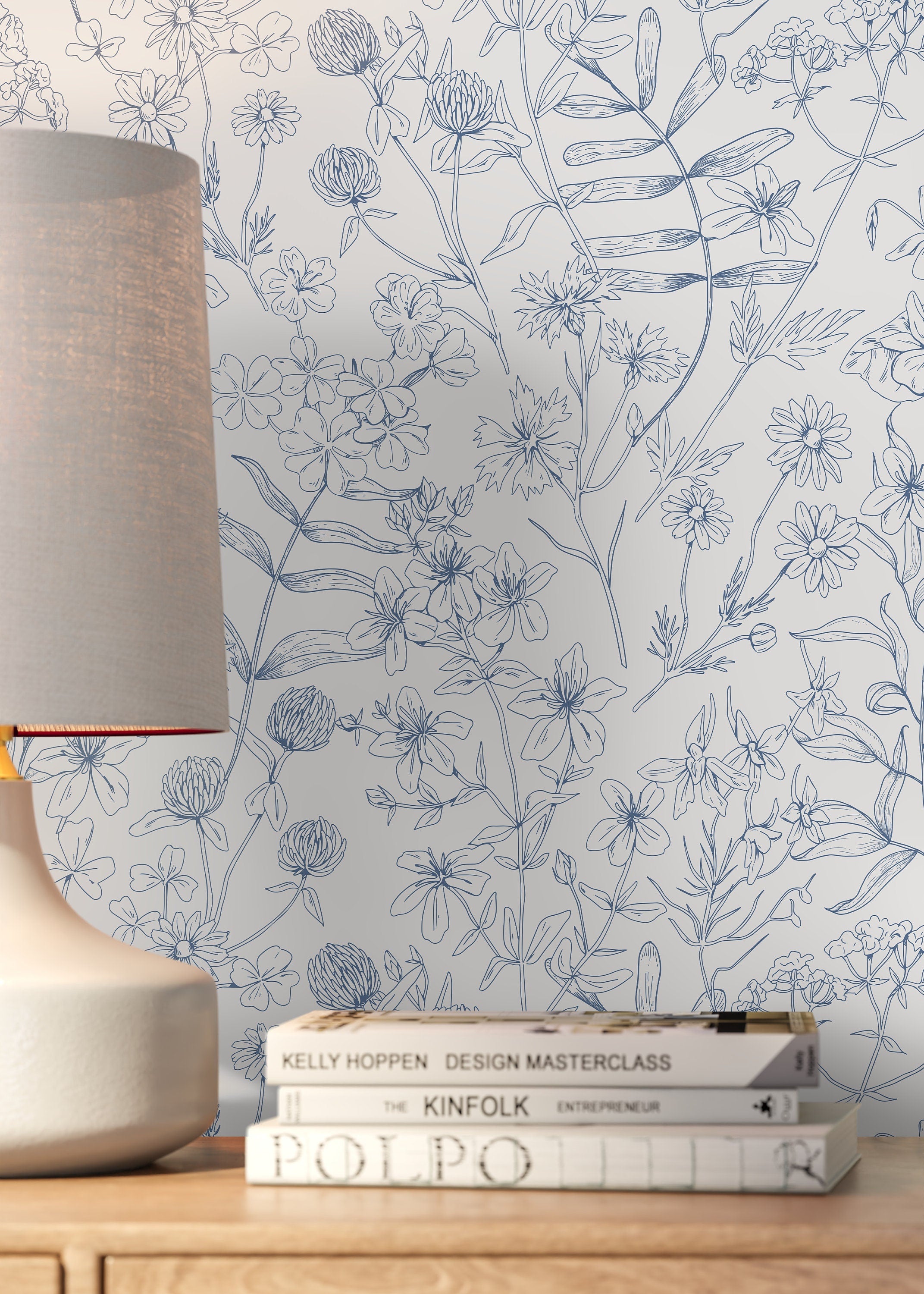 Floral Wallpaper Featuring Hand-drawn Wildflowers In Blue - D307