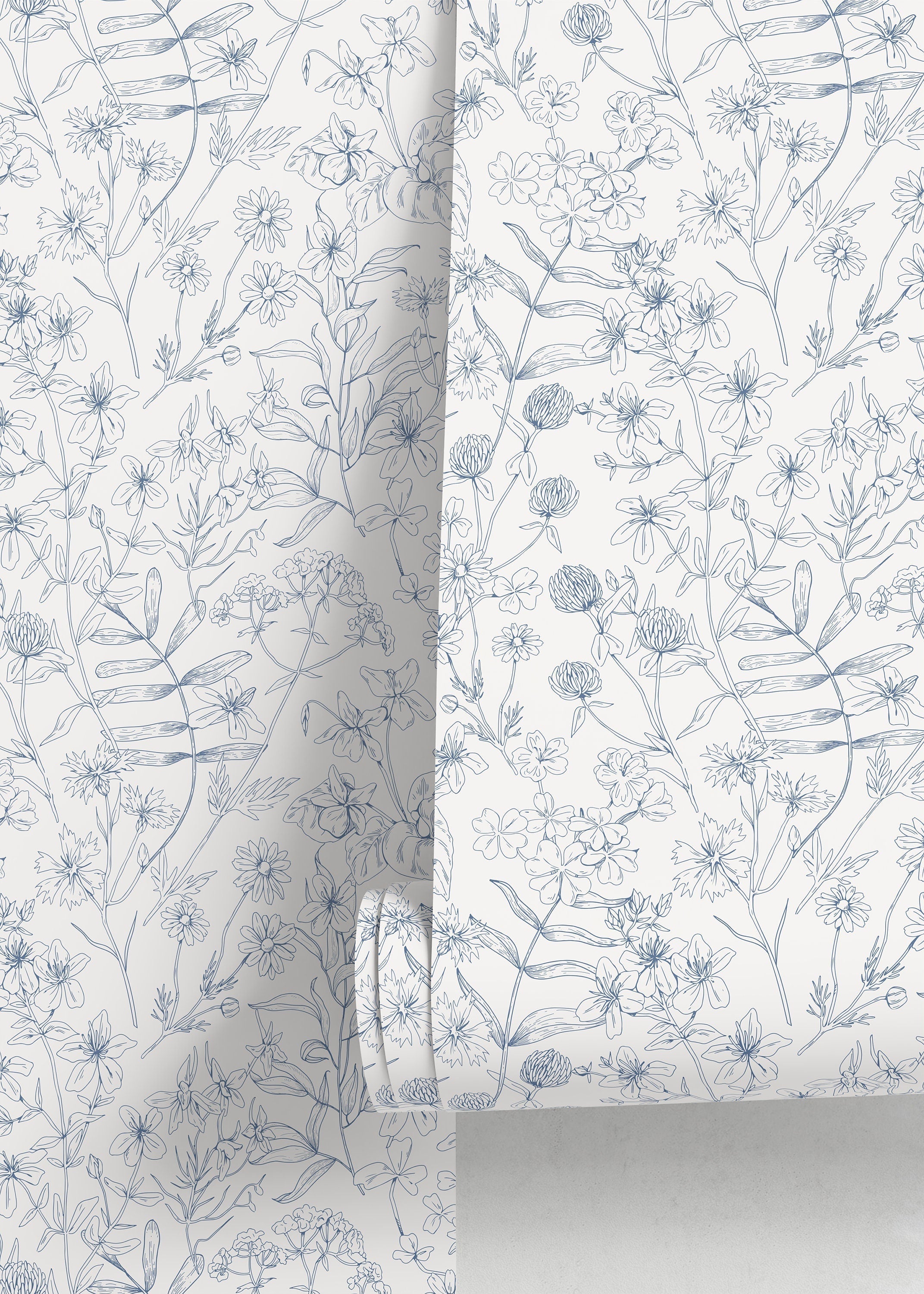 Floral Wallpaper Featuring Hand-drawn Wildflowers In Blue - D307