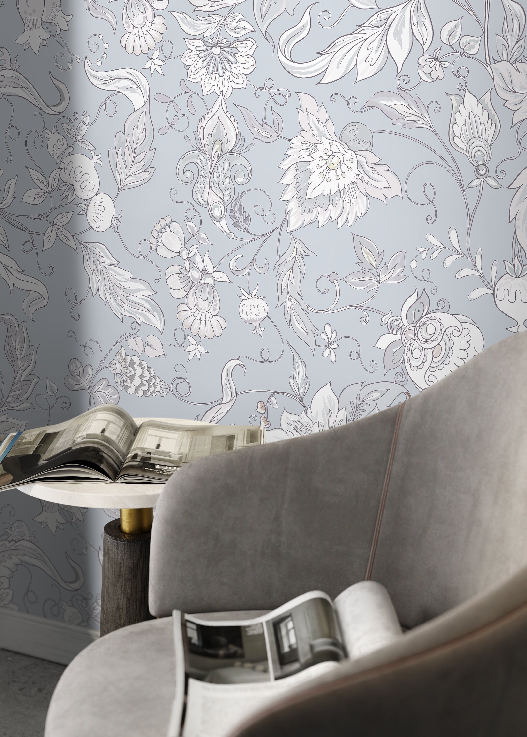 Floral Wallpaper With A Vintage Botanical Motif In Light Blue, White, And Grey - D276