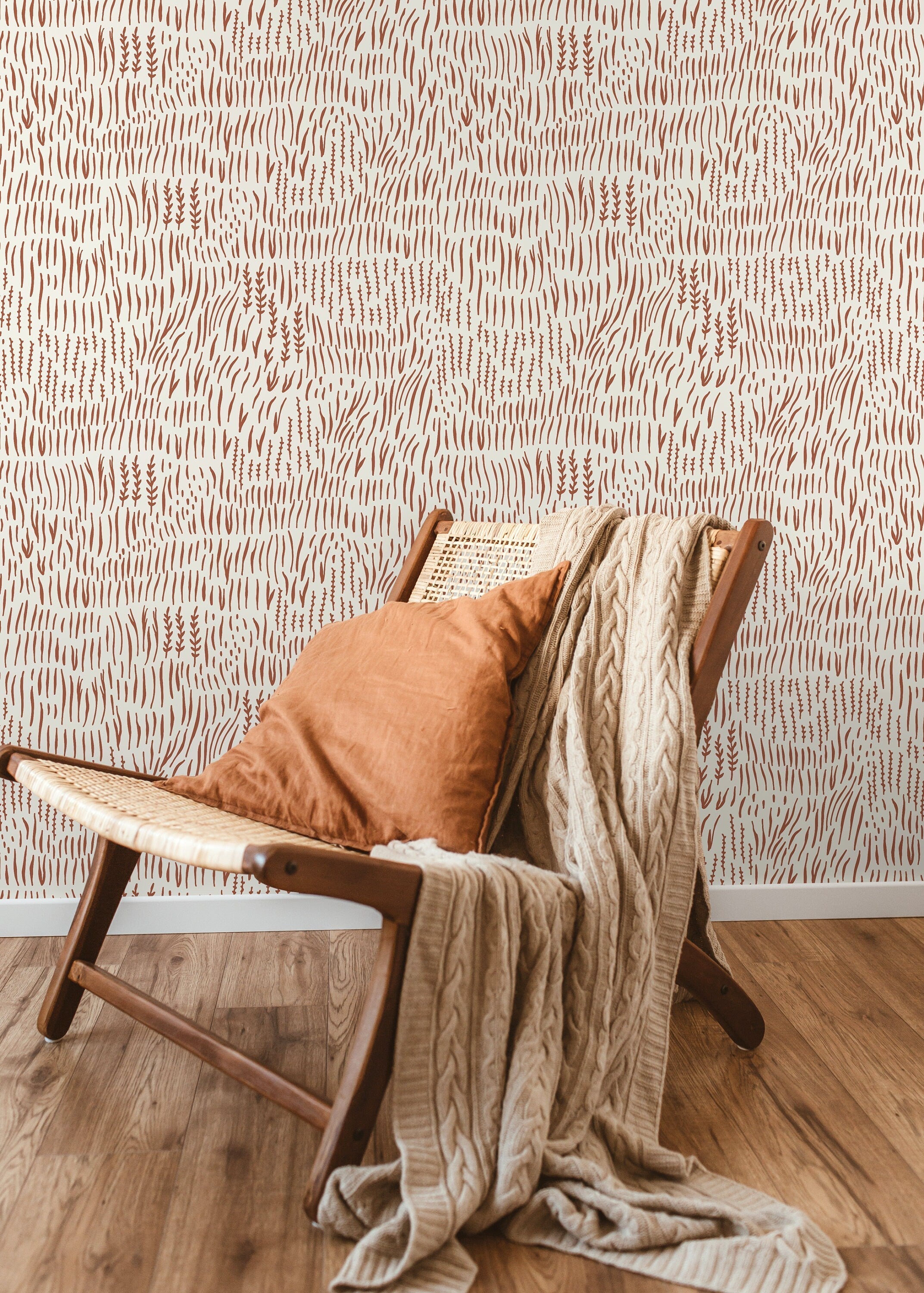 Boho Wallpaper With Abstract Wheat Stalks In Terracotta - D291