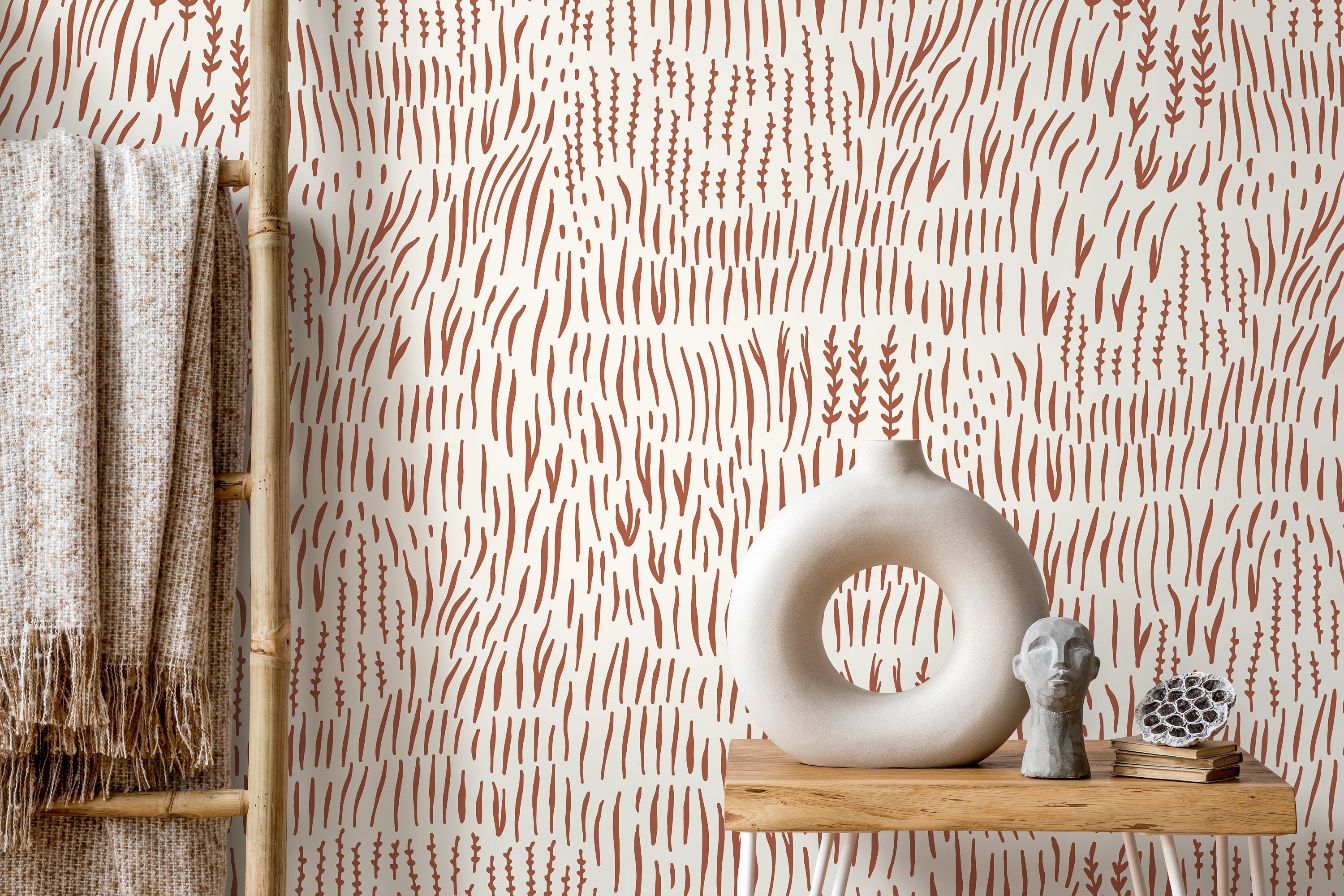Boho Wallpaper With Abstract Wheat Stalks In Terracotta - D291