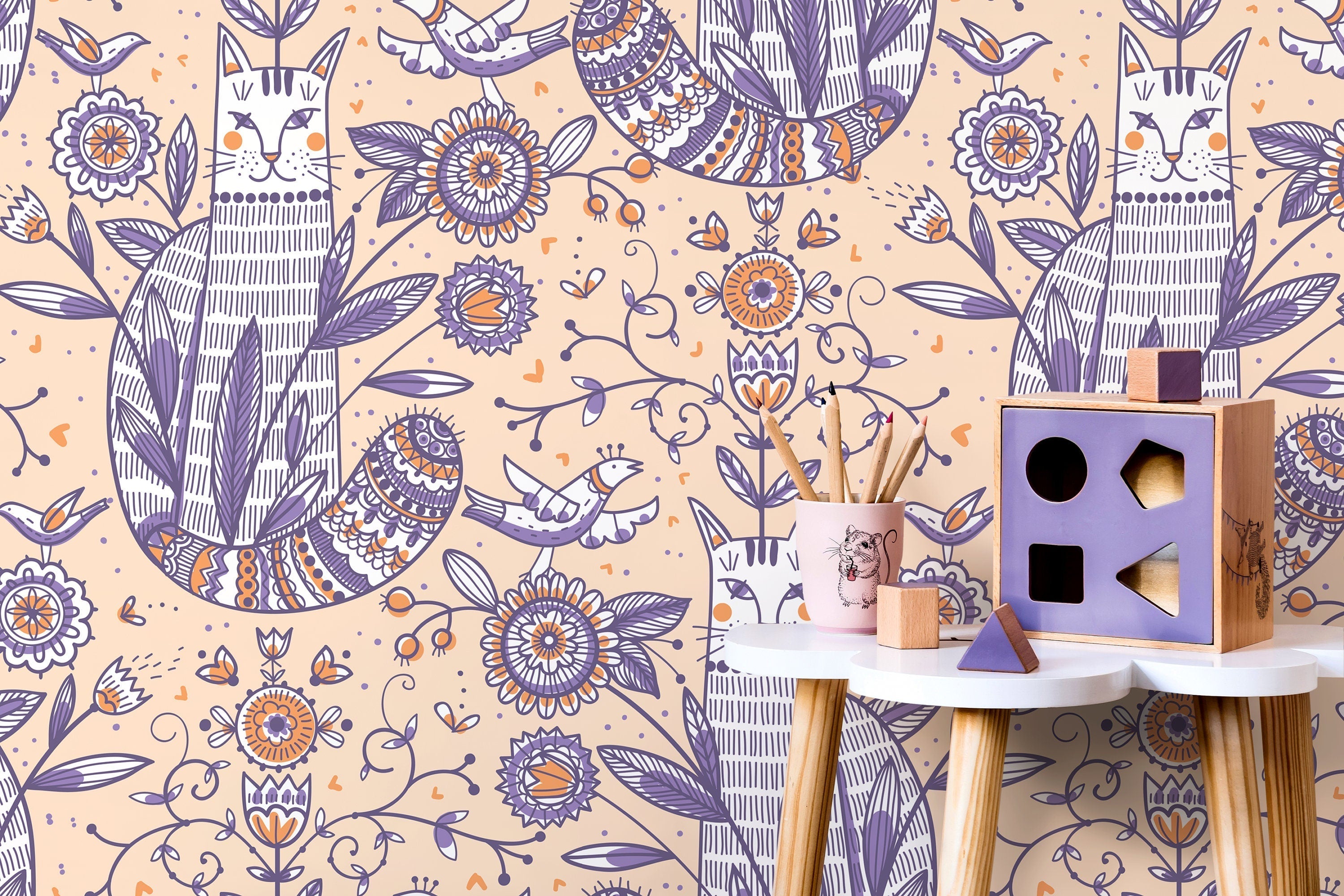 Folk Art Wallpaper With Stylized Cats And Florals In Purple, Orange, And Peach - D292