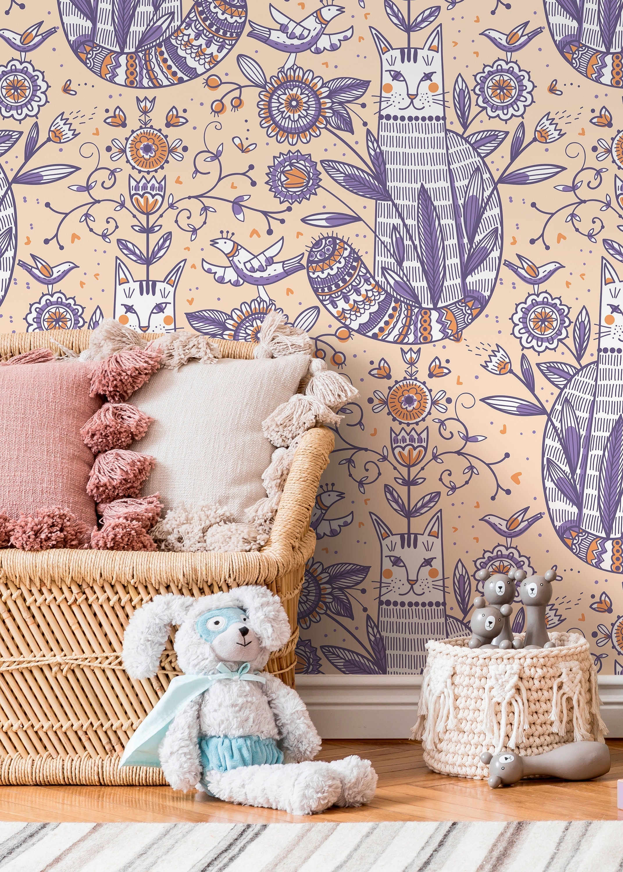 Folk Art Wallpaper With Stylized Cats And Florals In Purple, Orange, And Peach - D292