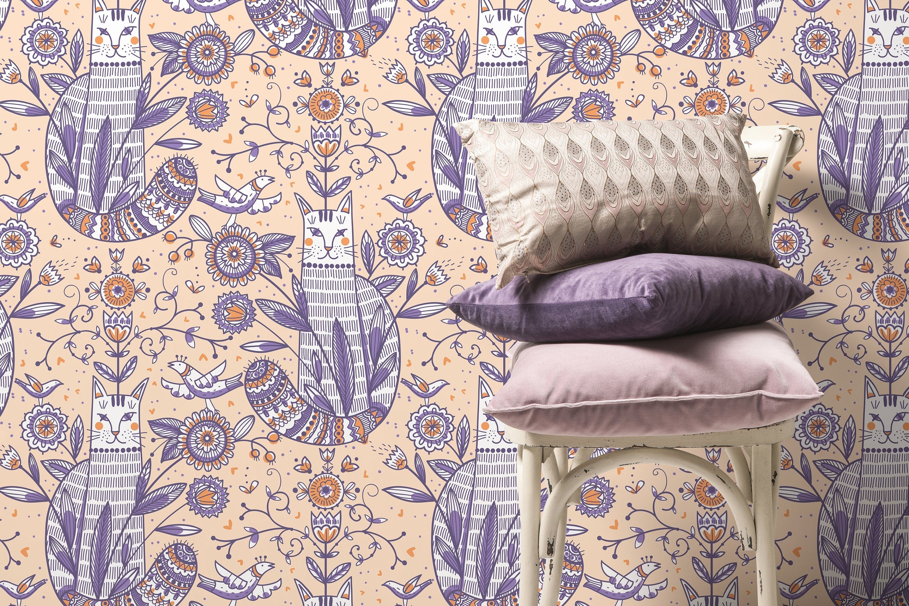 Folk Art Wallpaper With Stylized Cats And Florals In Purple, Orange, And Peach - D292