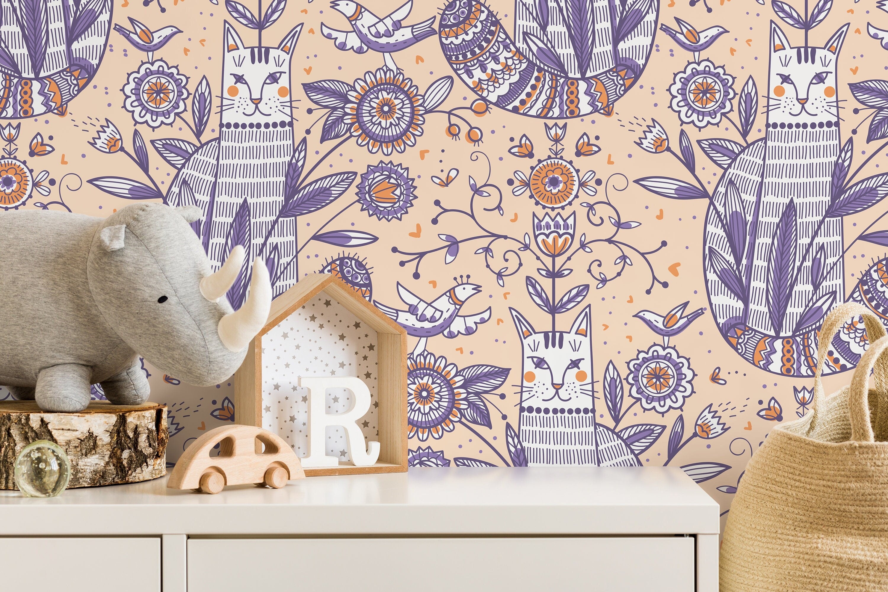 Folk Art Wallpaper With Stylized Cats And Florals In Purple, Orange, And Peach - D292