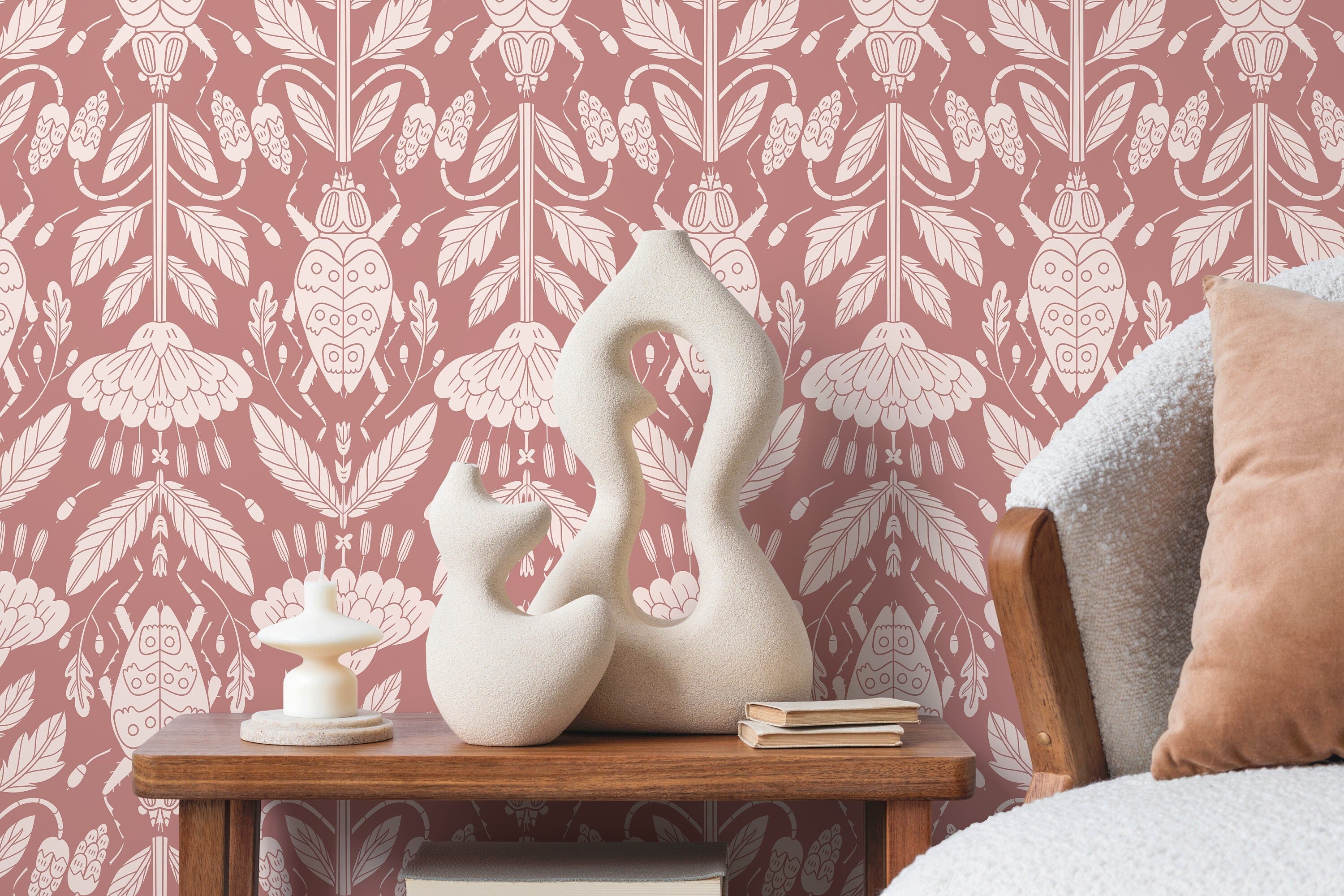 Botanical Wallpaper With A Beetle And Floral Damask In Pink And Cream - D296