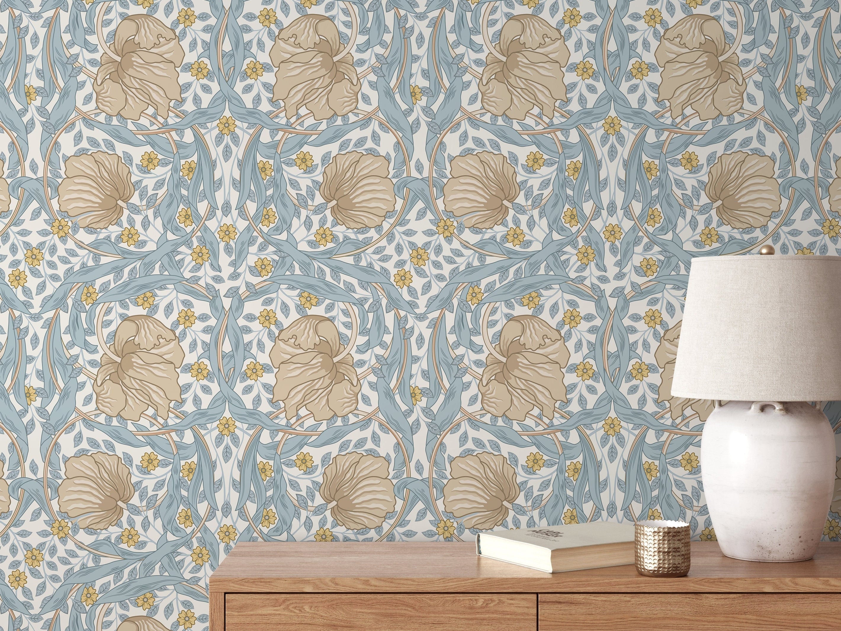 Floral Wallpaper With A William Morris Style In Blue, Beige, And Yellow - D302