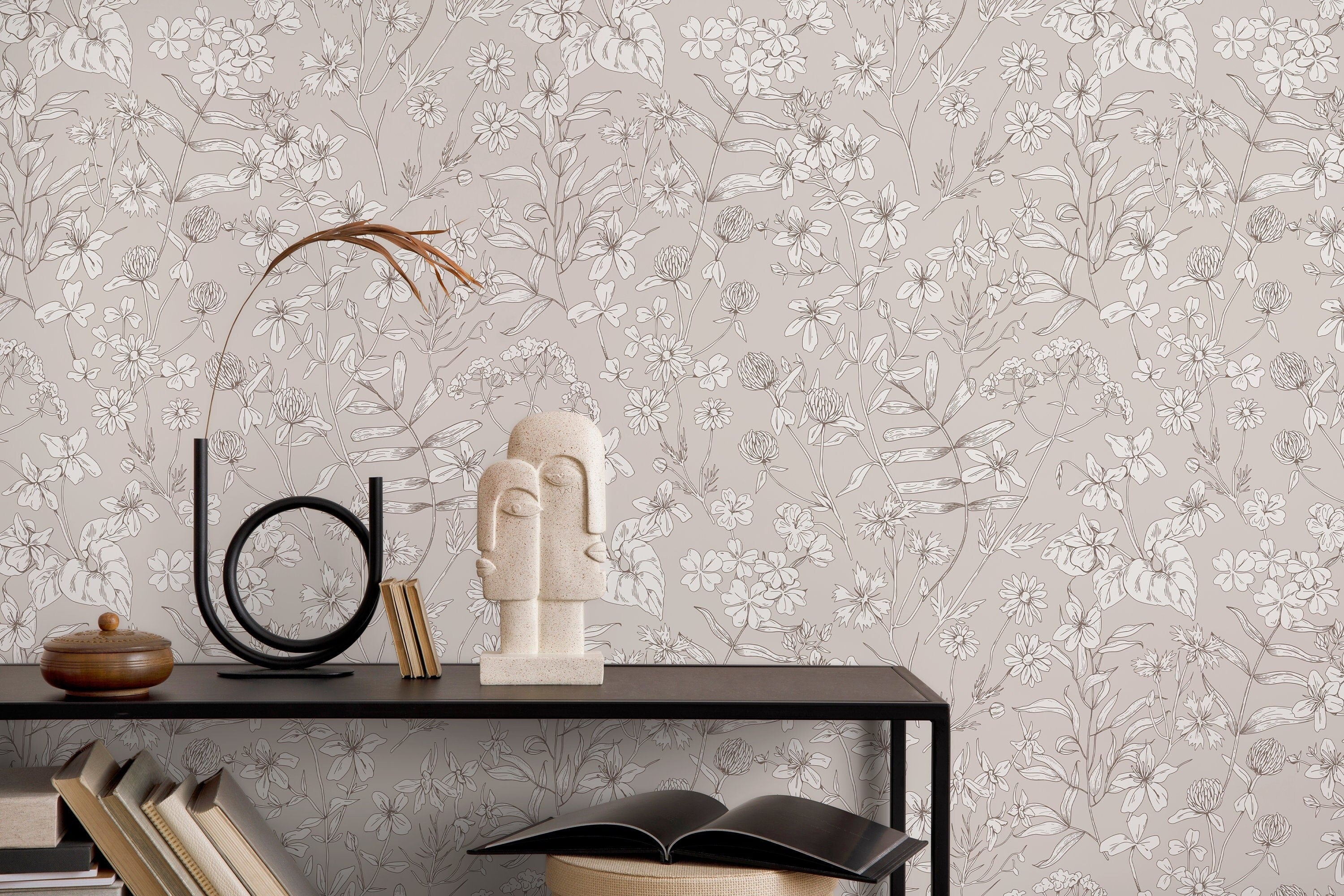 Botanical Wallpaper With Hand-drawn Wildflowers In Beige And Brown - D308