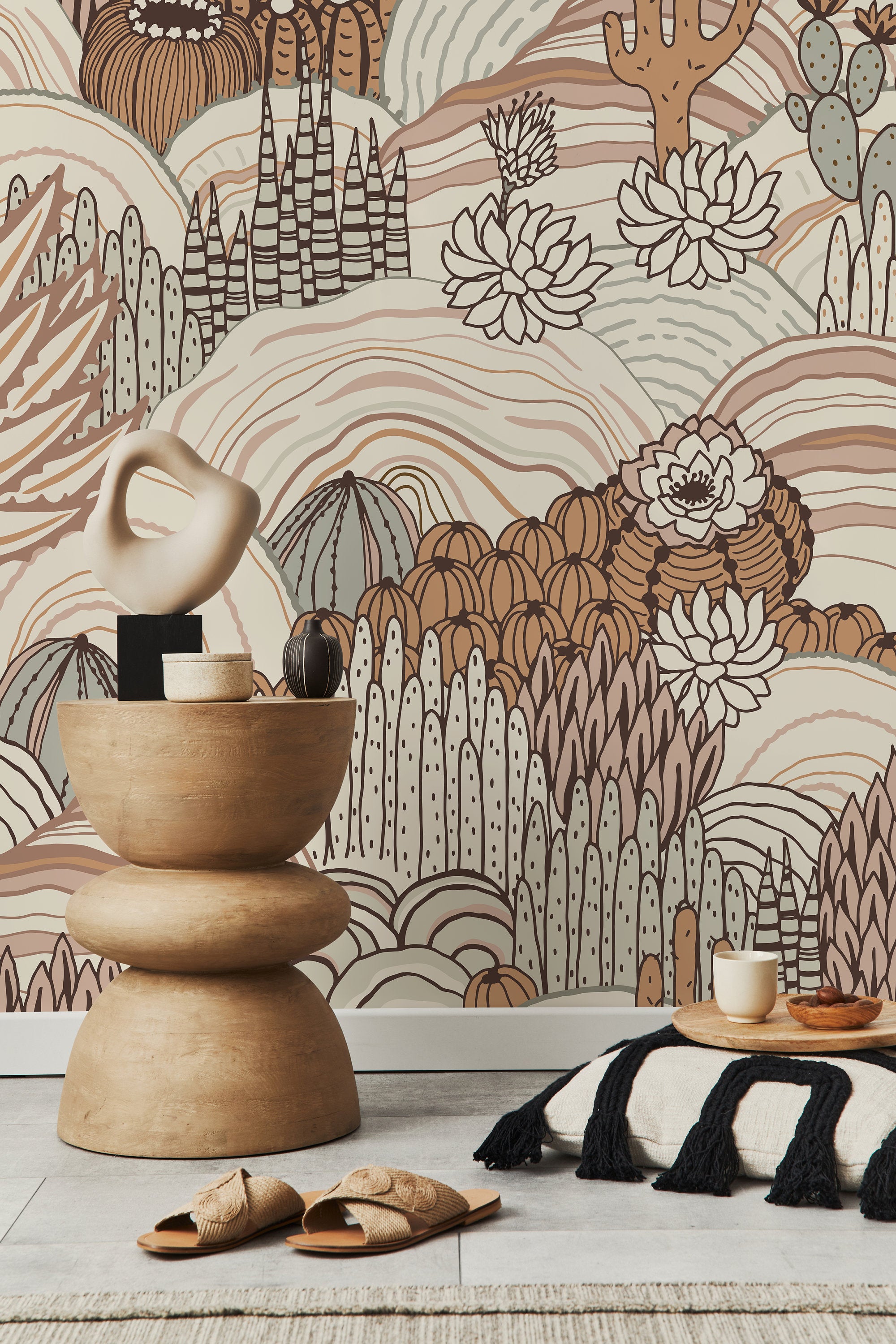 Desert Wallpaper With A Stylized Cactus Landscape In Brown, Pink, And Sage Green - D278