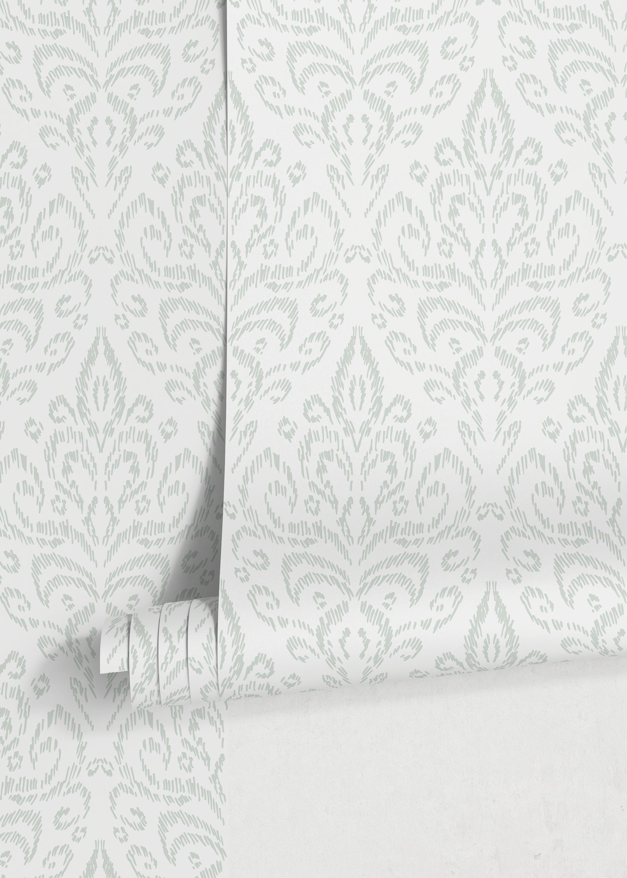 Ikat Wallpaper With A Subtle Damask Motif In Sage Green - D356