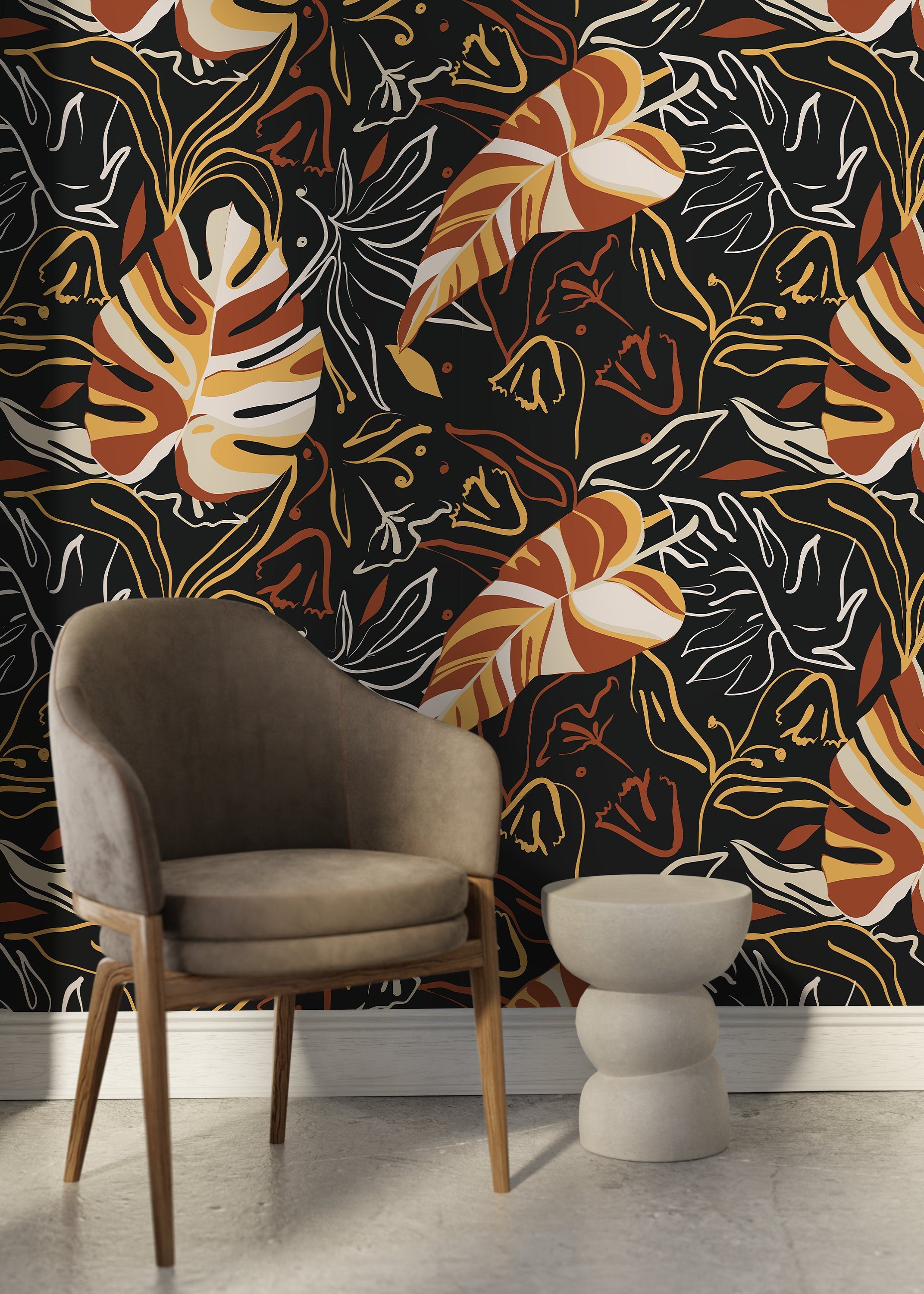 Abstract Botanical Wallpaper With Stylized Leaves In Terracotta, Ochre, And Beige - D367