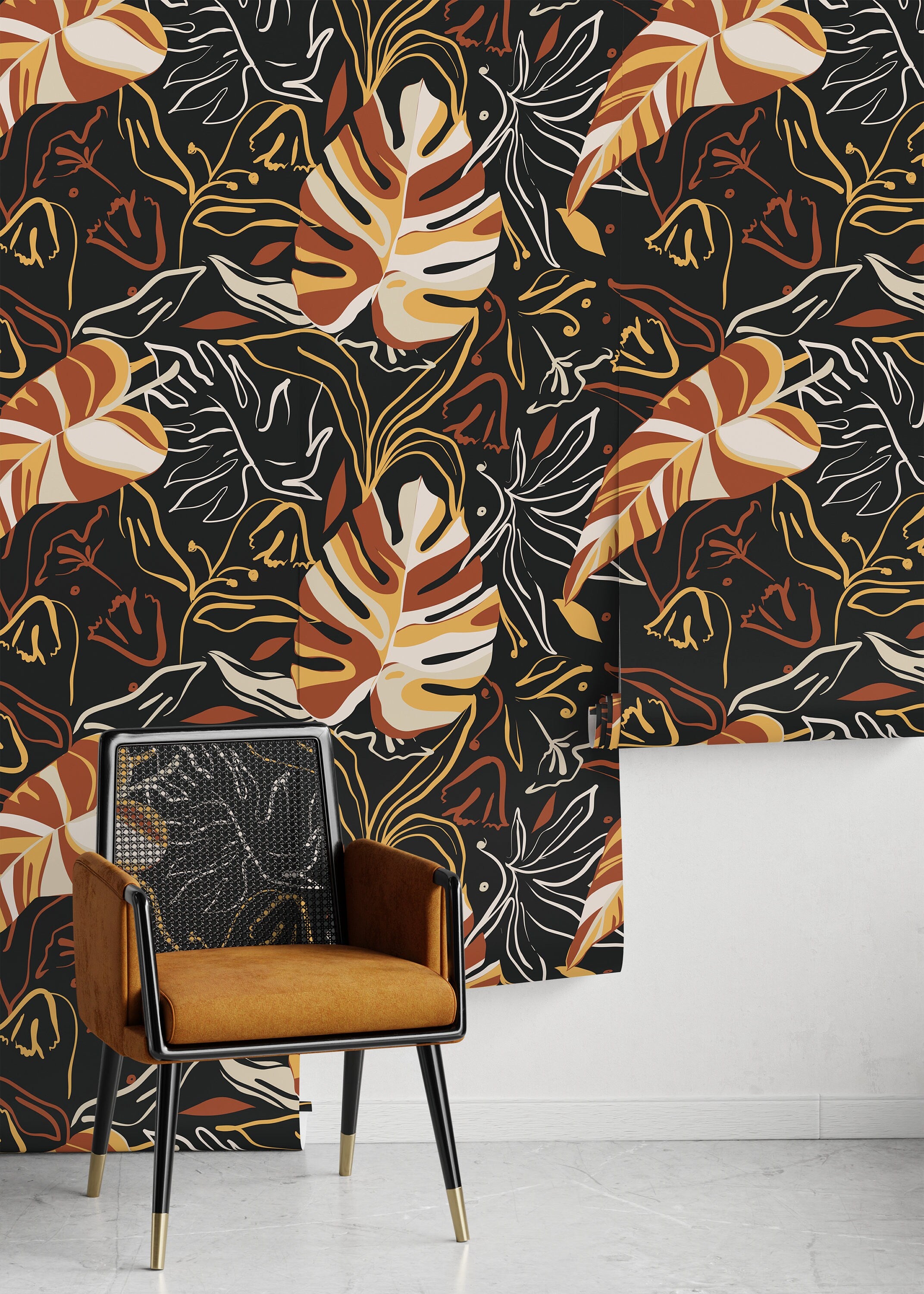 Abstract Botanical Wallpaper With Stylized Leaves In Terracotta, Ochre, And Beige - D367