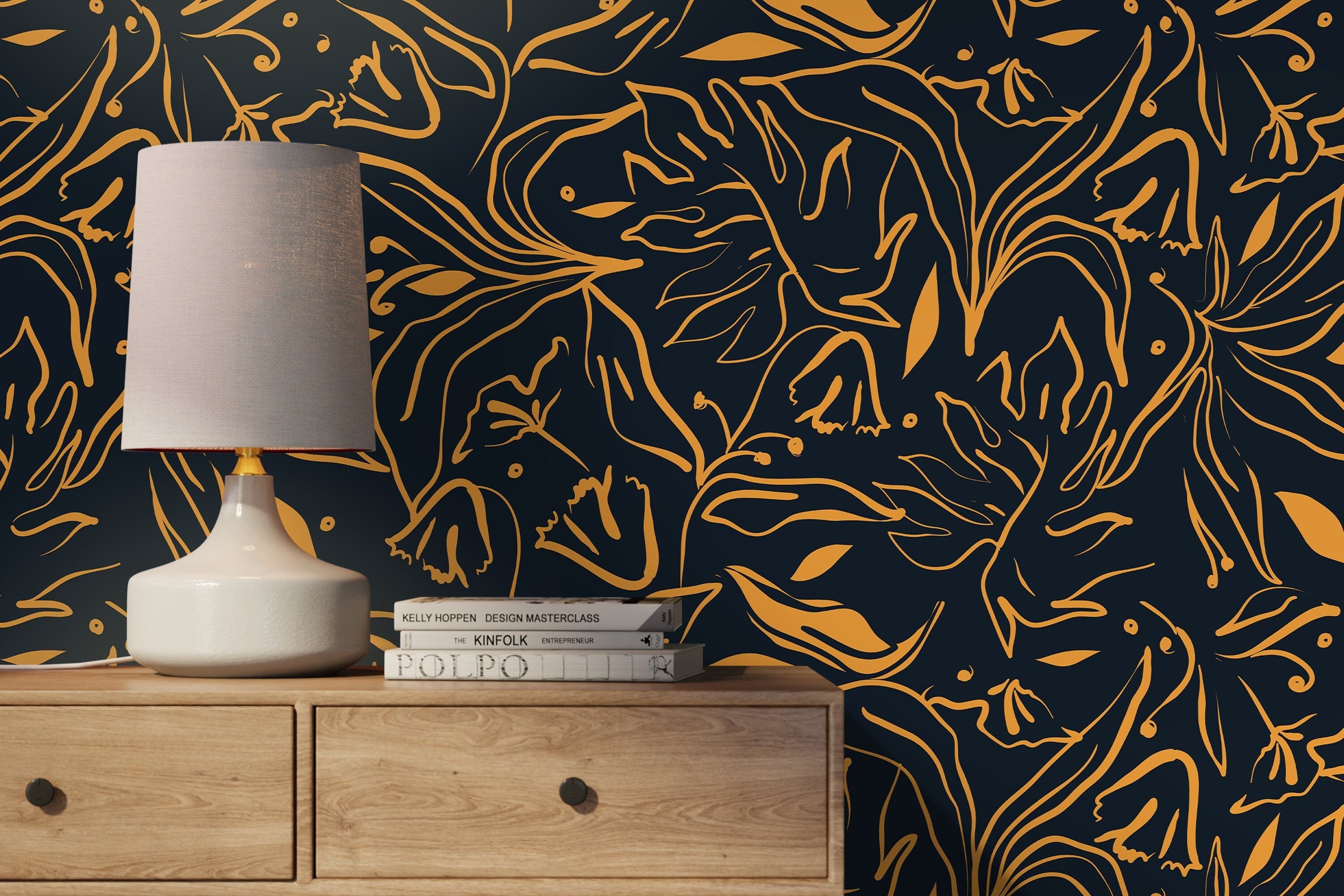 Abstract Wallpaper With Elegant Floral Line Art In Yellow And Dark Gray - D366