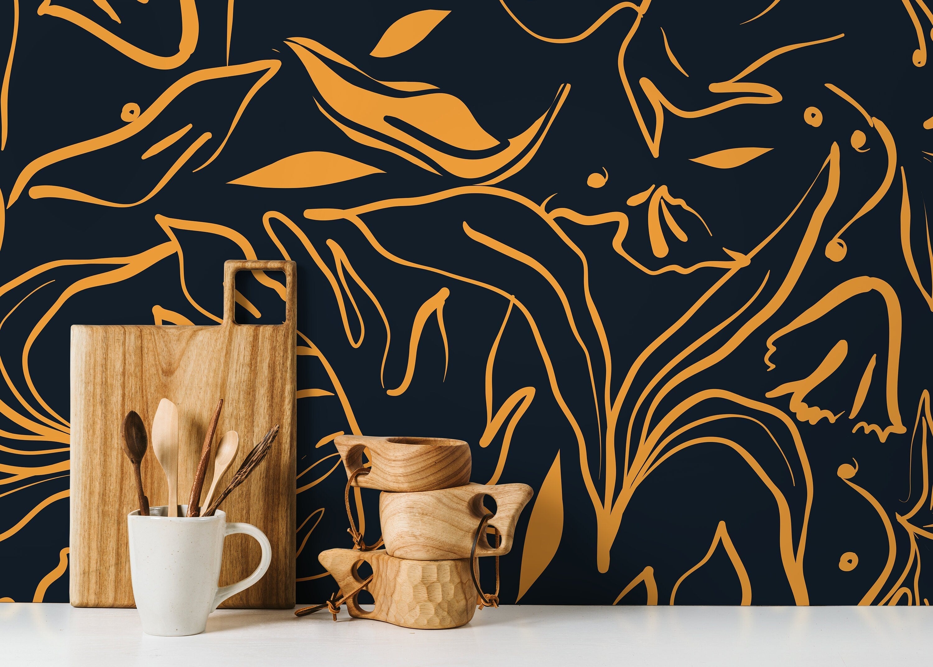 Abstract Wallpaper With Elegant Floral Line Art In Yellow And Dark Gray - D366