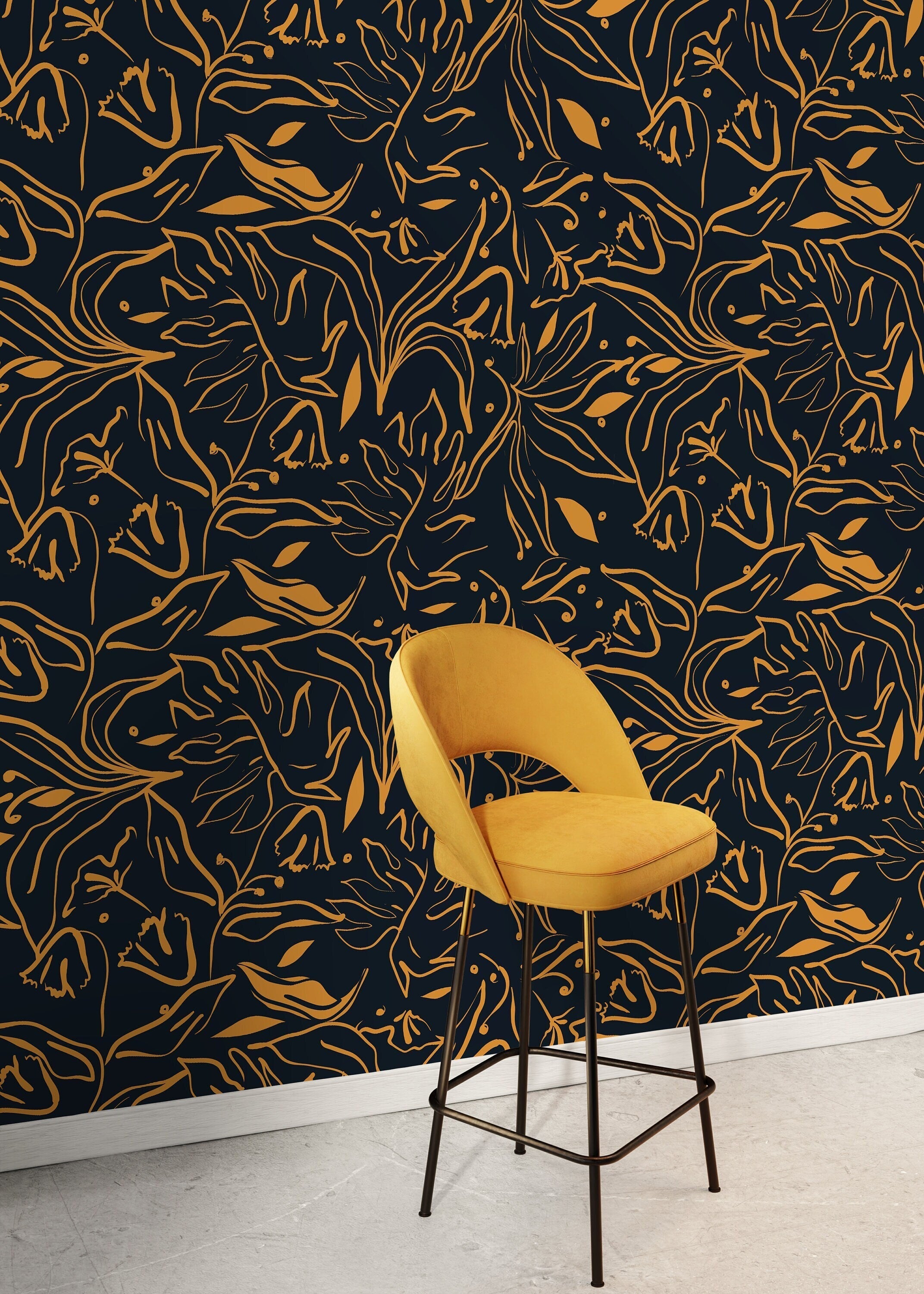 Abstract Wallpaper With Elegant Floral Line Art In Yellow And Dark Gray - D366