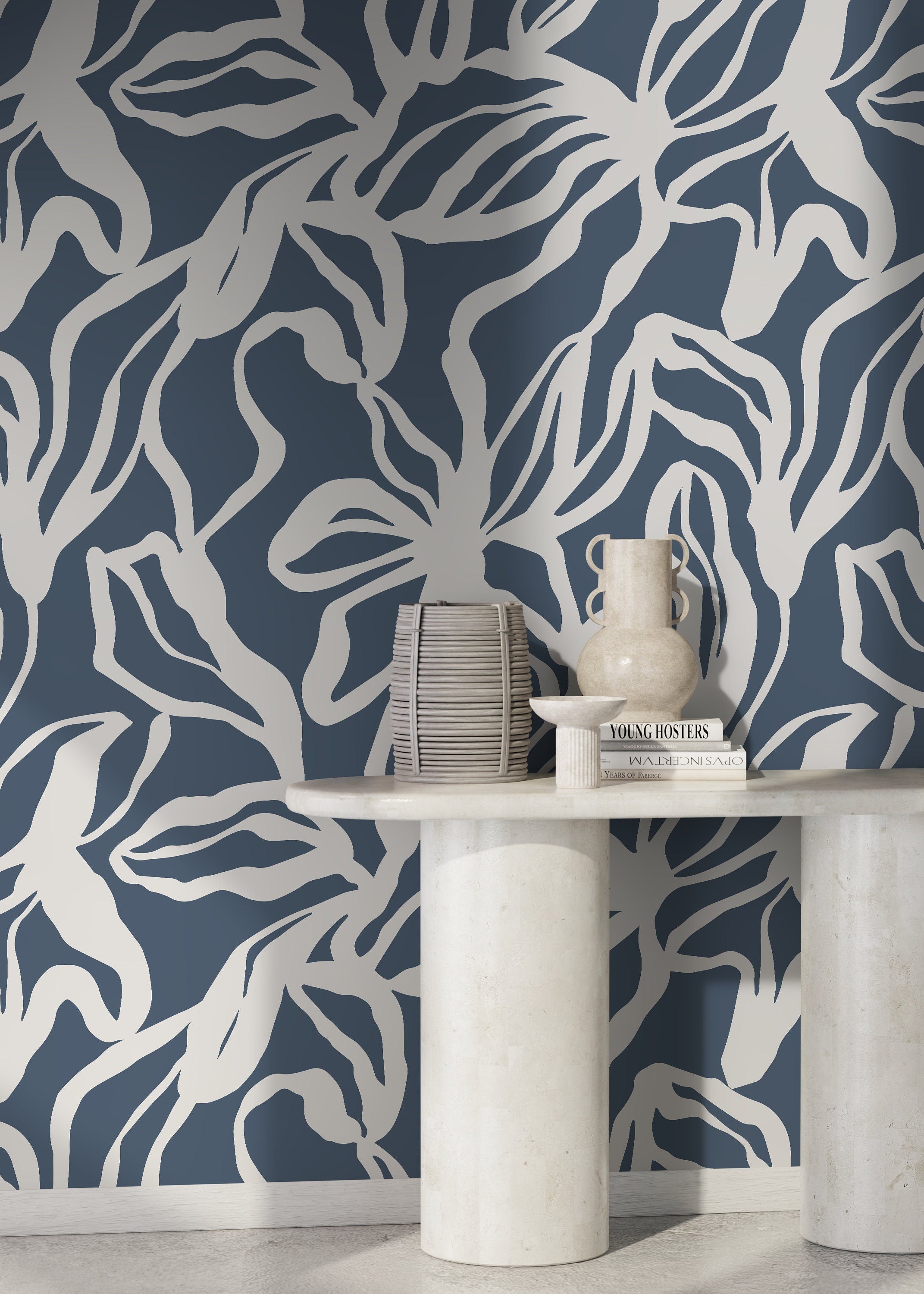 Abstract Floral Wallpaper With Bold Silhouettes In Navy And Cream - D285