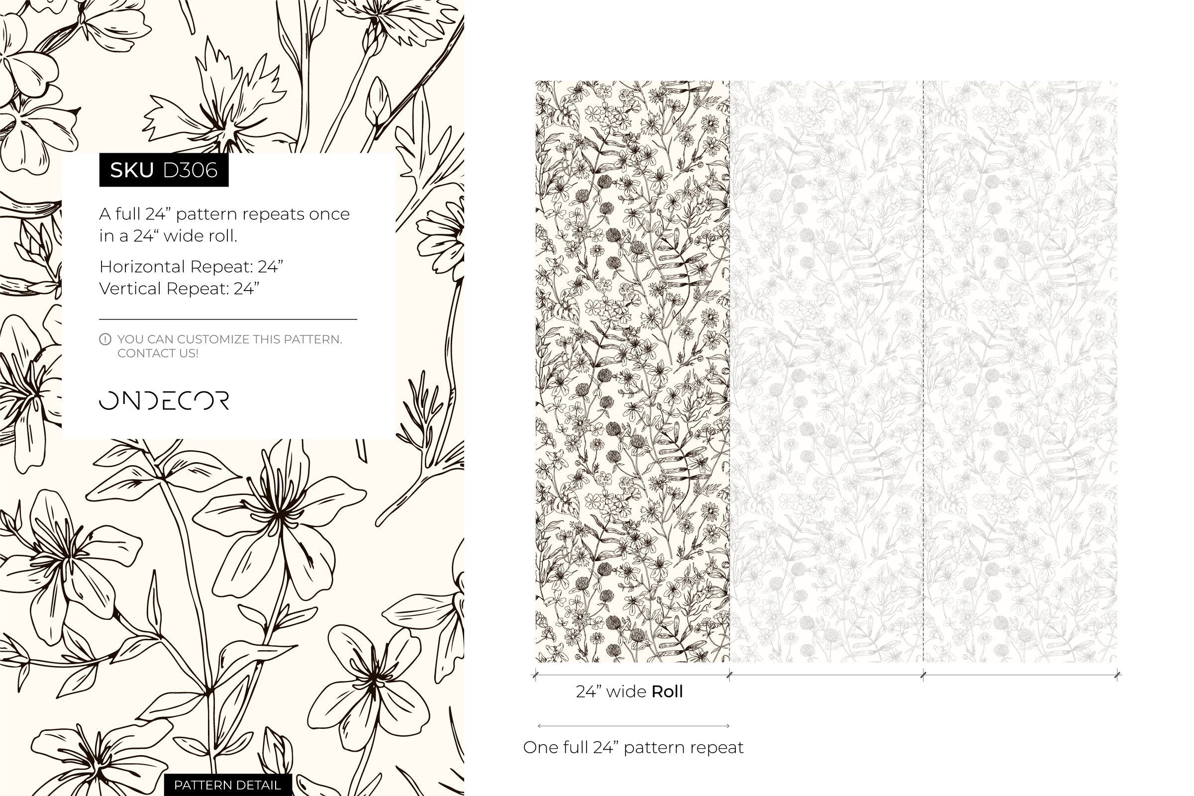 Botanical Wallpaper With A Wildflower Line Art Motif In Black And White - D306
