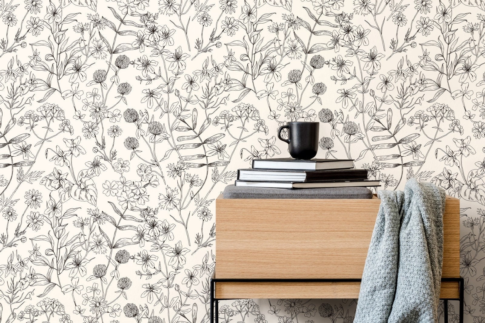 Botanical Wallpaper With A Wildflower Line Art Motif In Black And White - D306