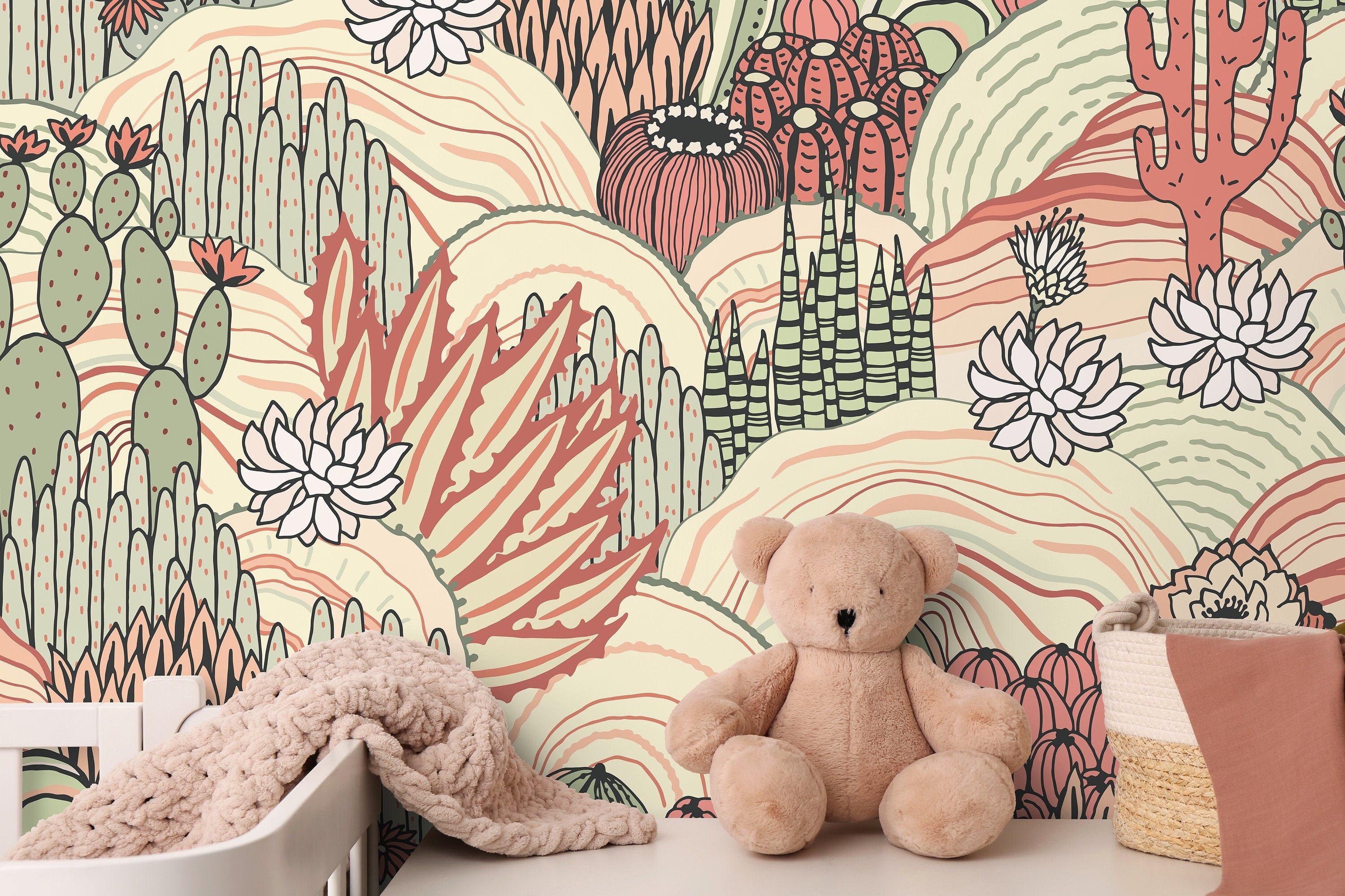 Desert Wallpaper Featuring Cacti And Succulents In Terracotta, Sage, And Cream - D277