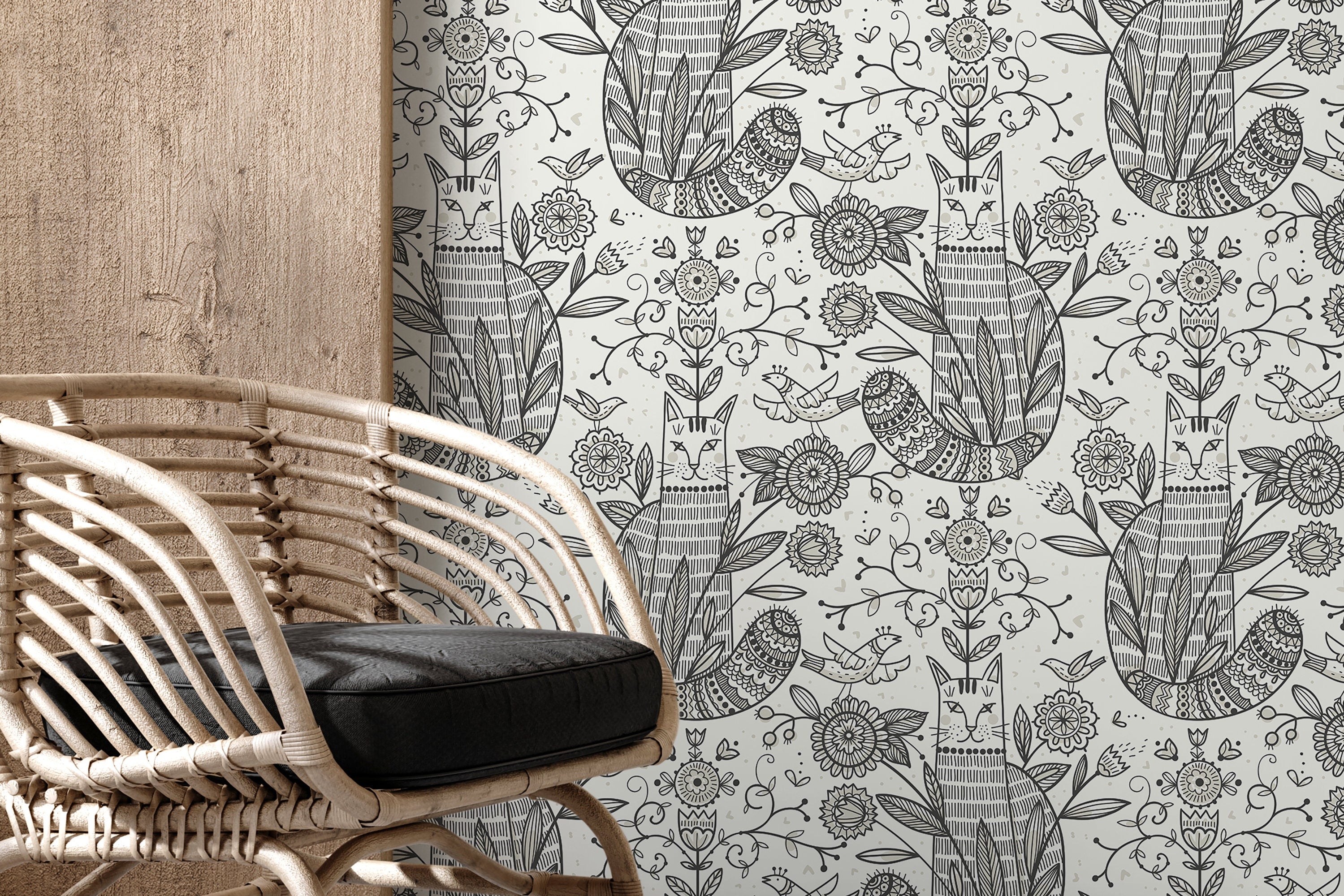 Folk Art Wallpaper With Stylized Cats And Florals In Black And Gray - D294