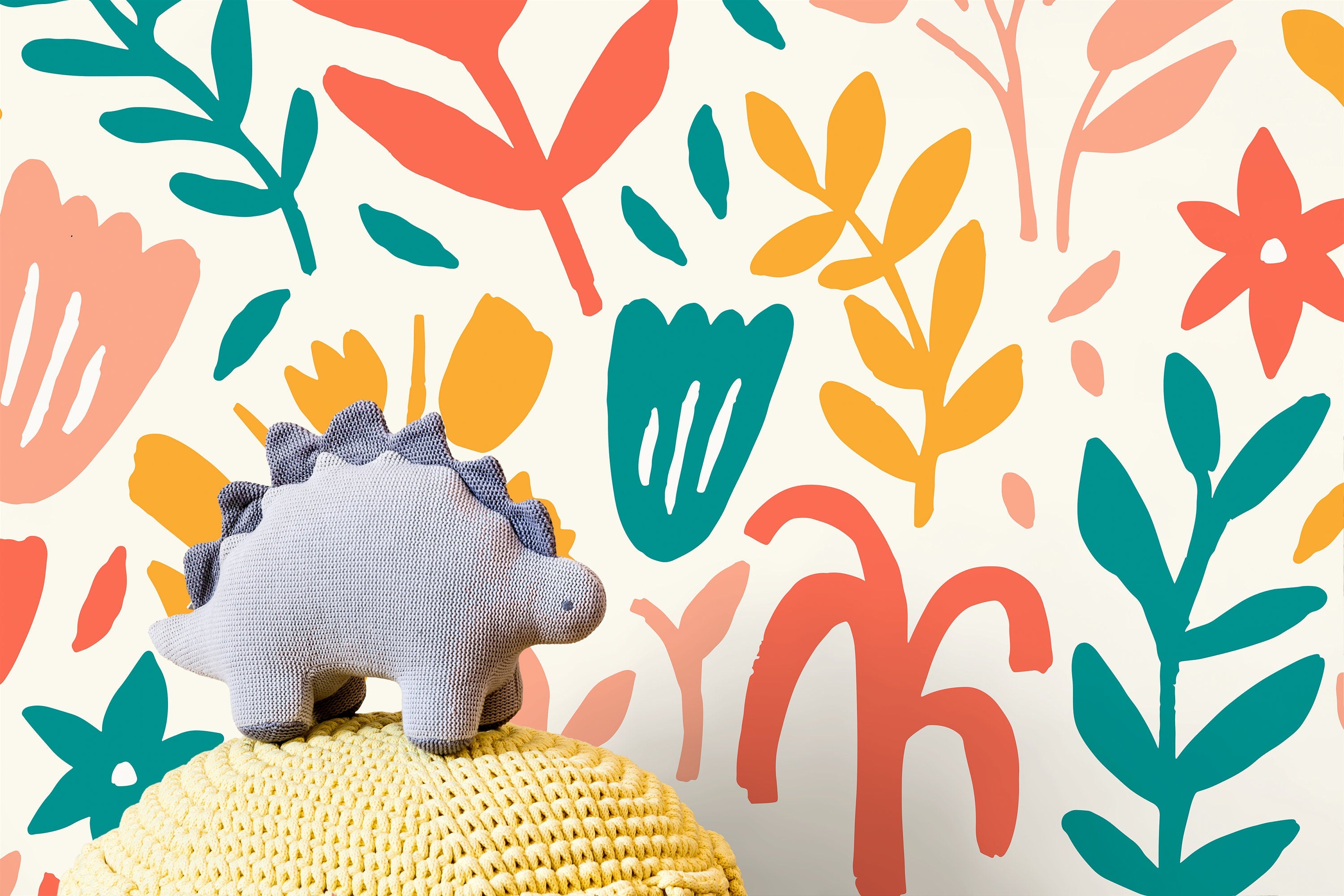 Abstract Floral Wallpaper With Botanical Cutouts In Teal, Coral, And Yellow - D371