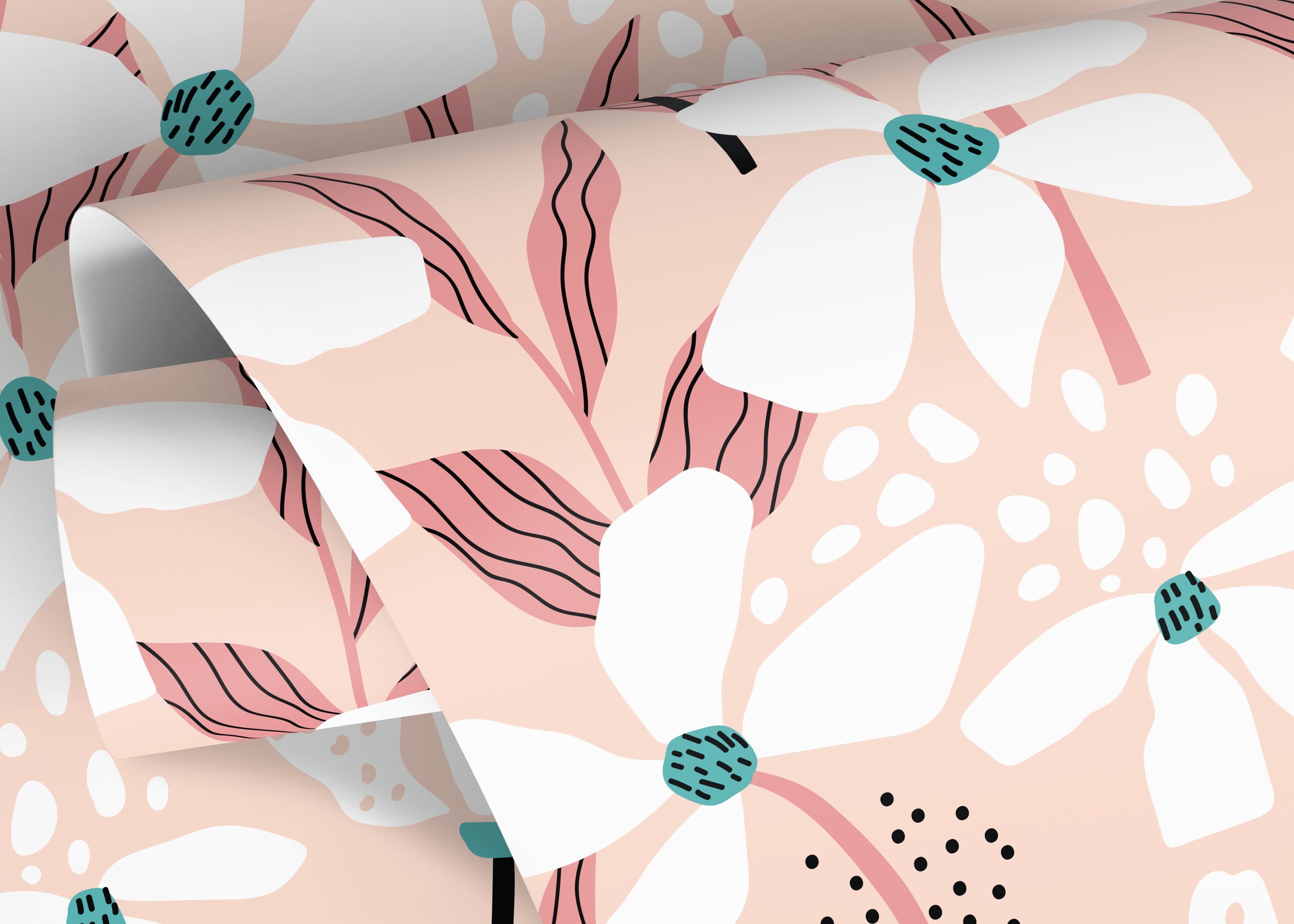 Floral Wallpaper With Stylized Abstract Flowers In Pink, Teal, And Black - D372