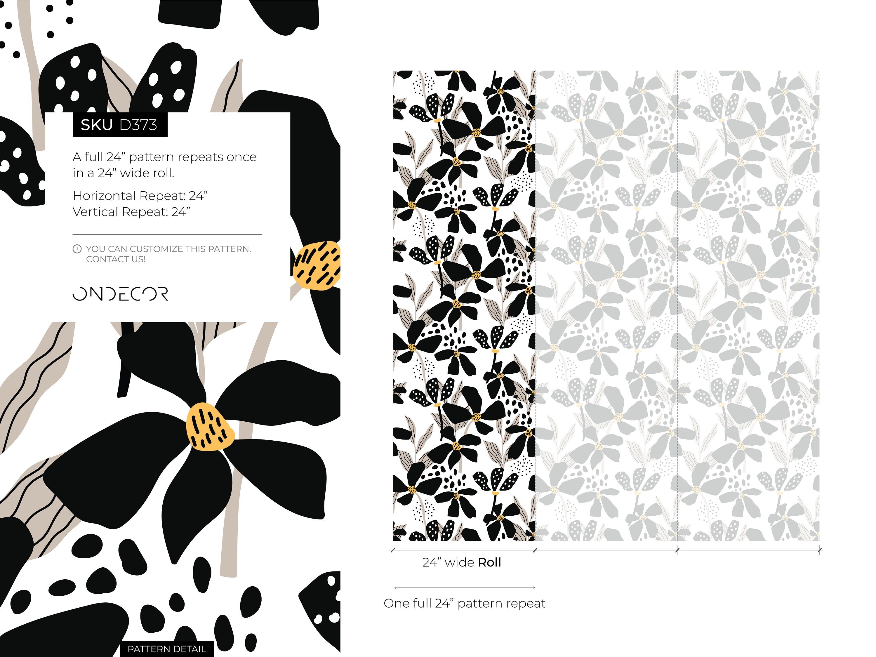 Floral Wallpaper With Abstract Flowers In Black, Taupe, And Yellow - D373