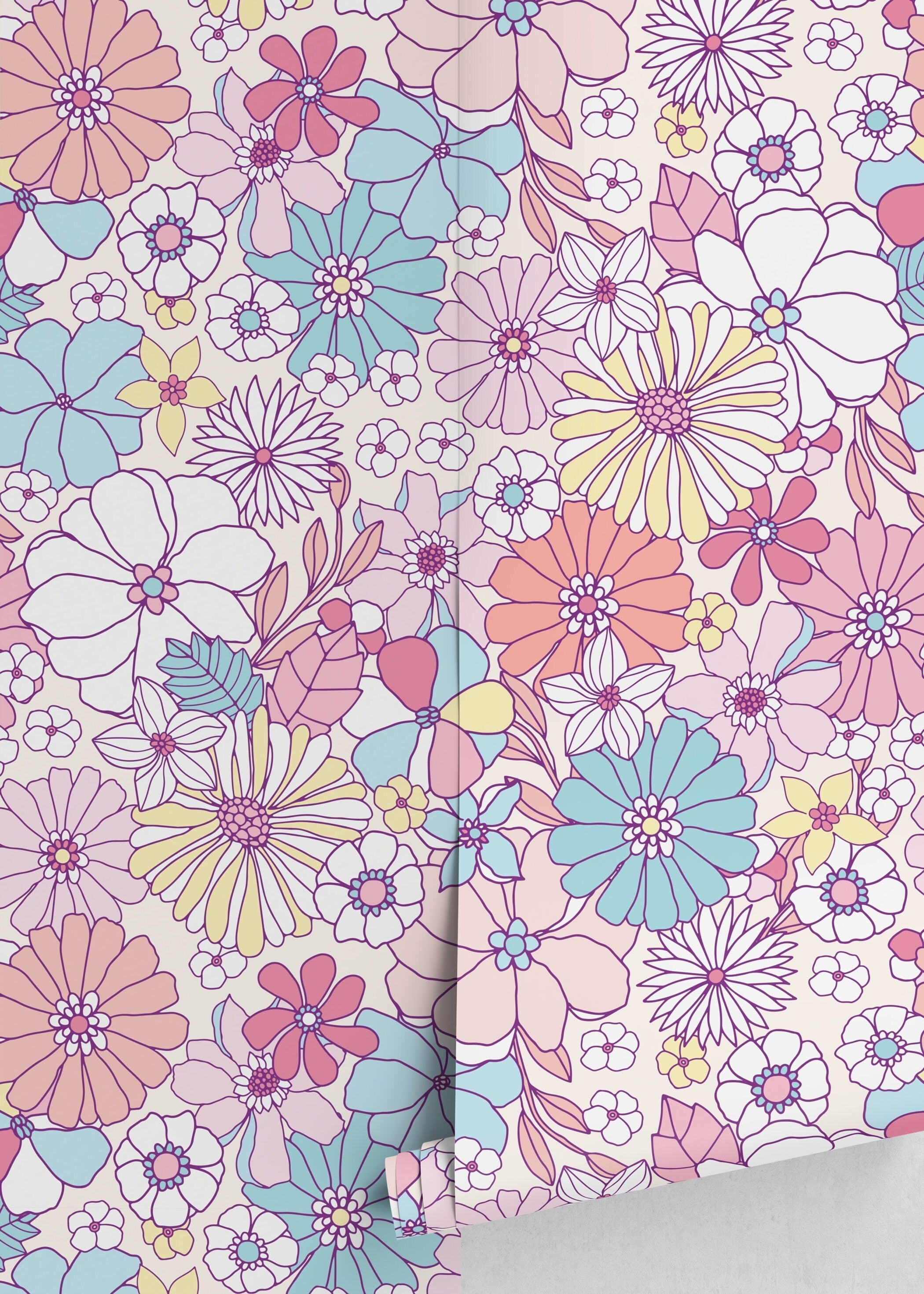 Retro Wallpaper With Groovy Flowers In Pink, Blue, And Yellow - D375