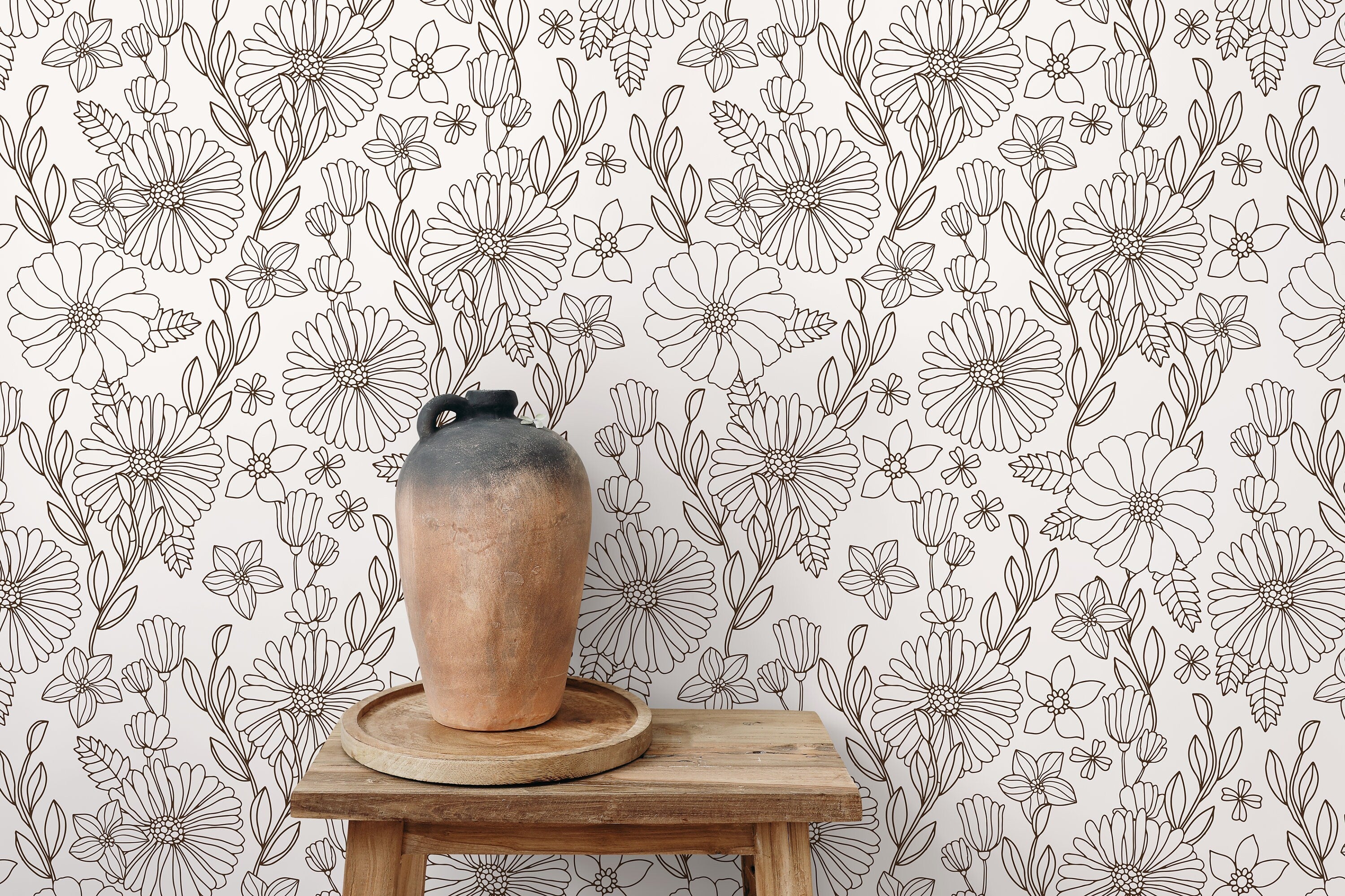Floral Wallpaper With A Line Art Botanical Motif In Dark Brown - D378