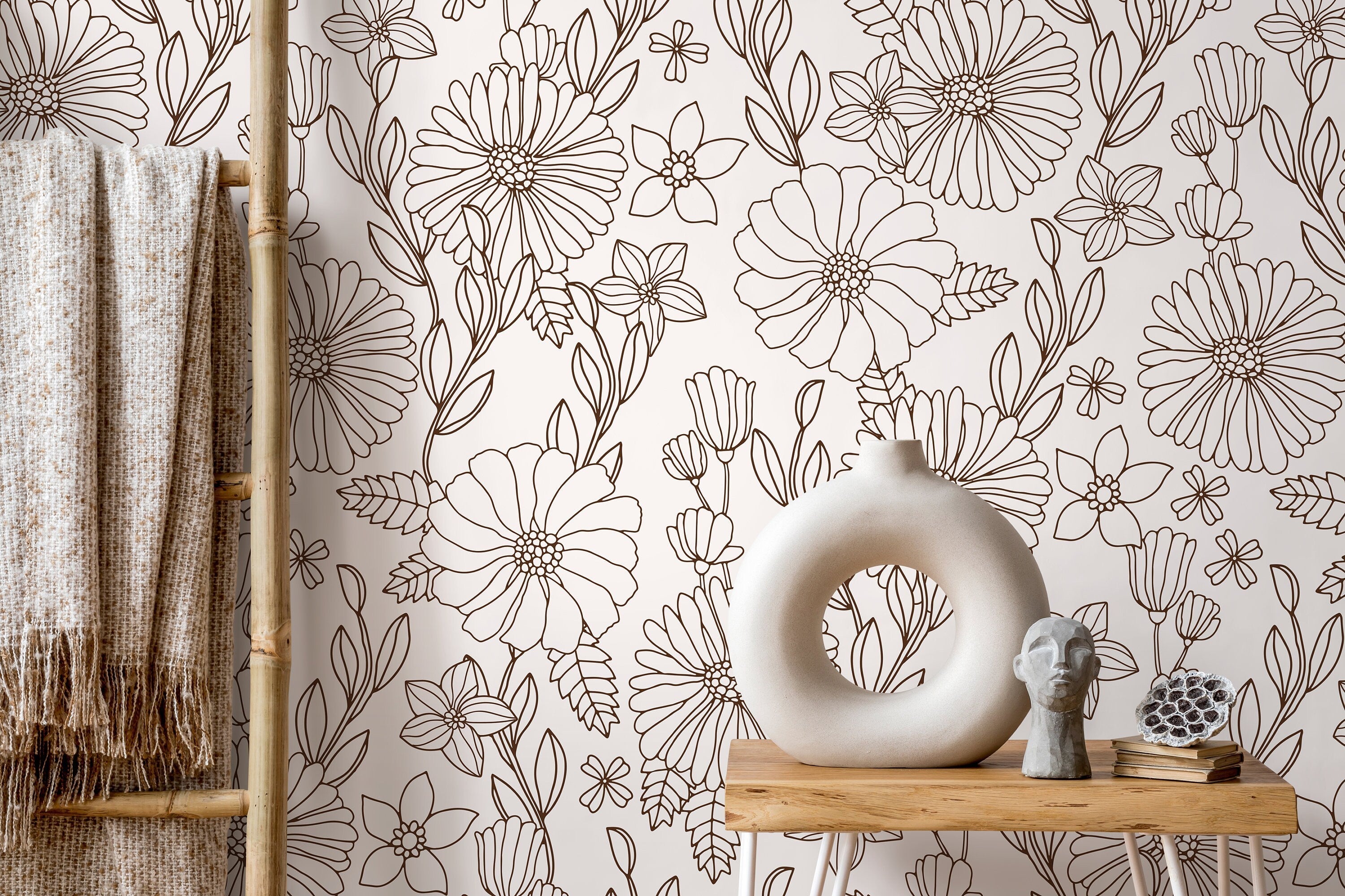 Floral Wallpaper With A Line Art Botanical Motif In Dark Brown - D378
