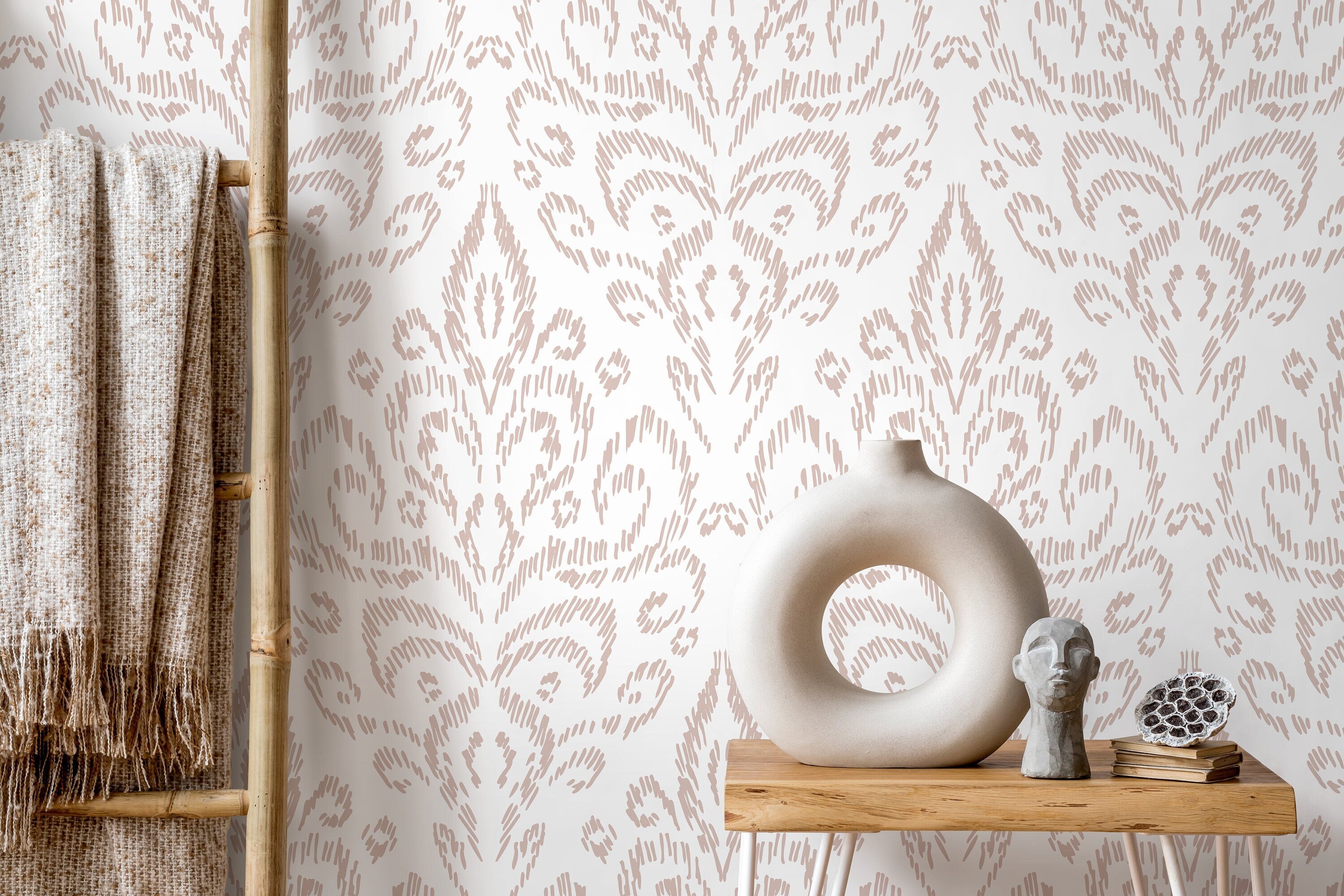 Ikat Damask Wallpaper With A Sketched Motif In Neutral Beige - D357