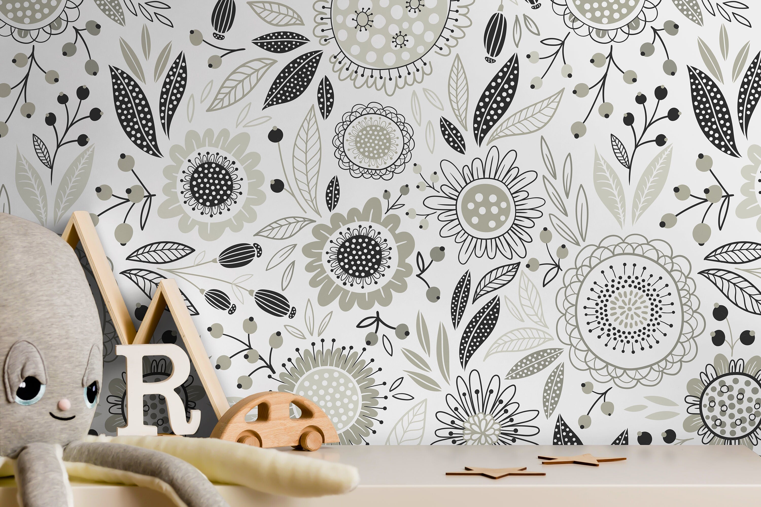 Floral Wallpaper With Stylized Folk Art Blooms In Gray And Black - D283