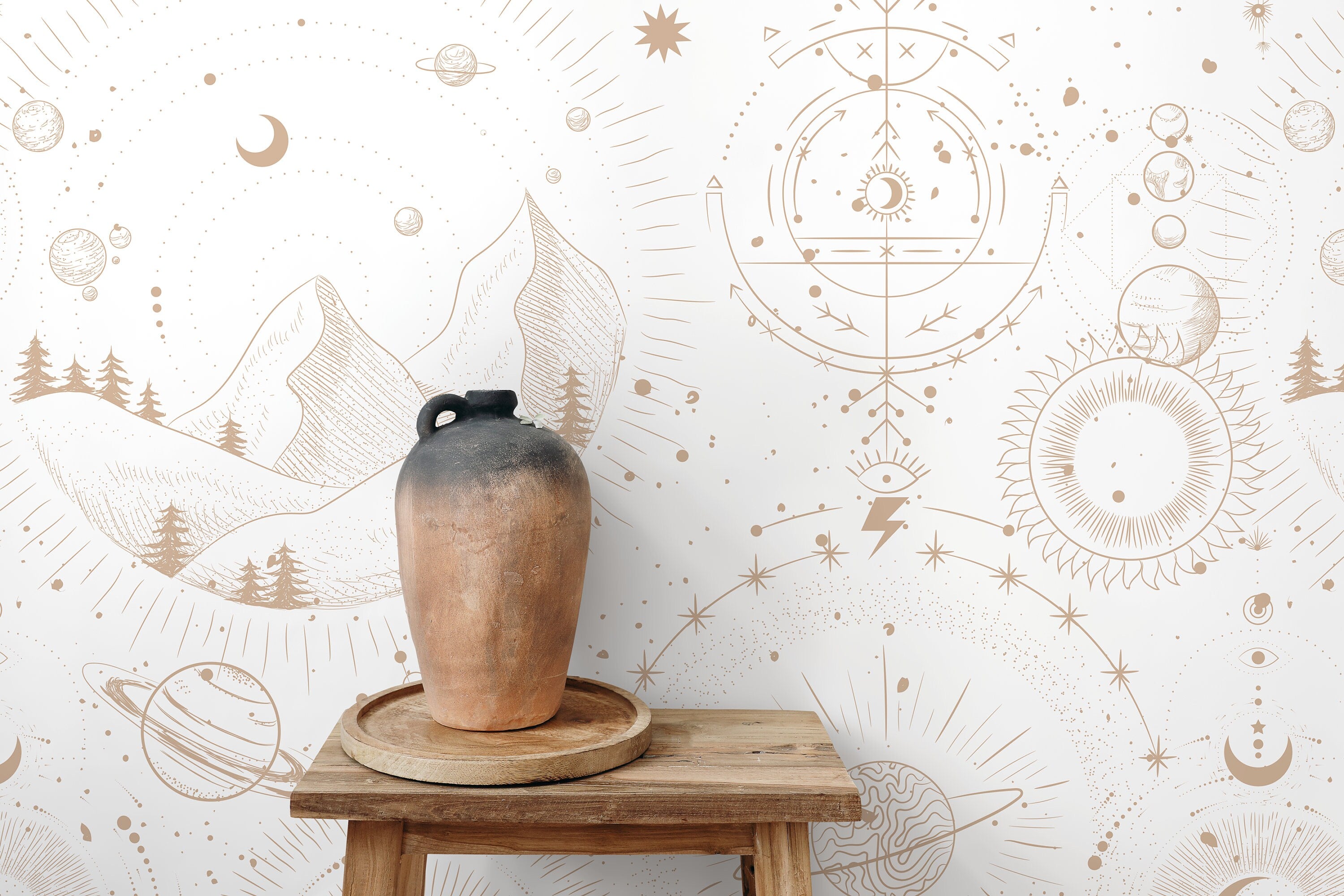Celestial Wallpaper With Mystical Mountains And Planets In Beige - D339