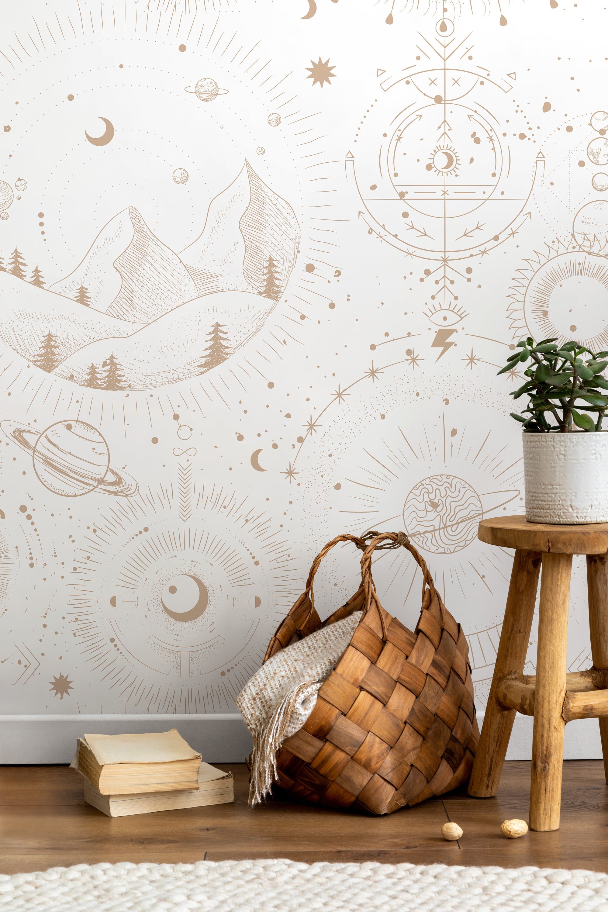 Celestial Wallpaper With Mystical Mountains And Planets In Beige - D339
