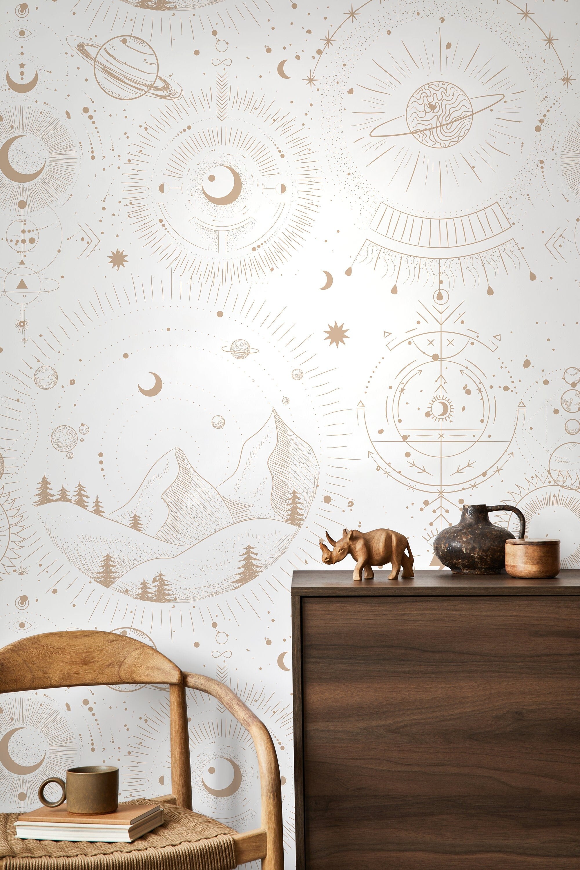 Celestial Wallpaper With Mystical Mountains And Planets In Beige - D339