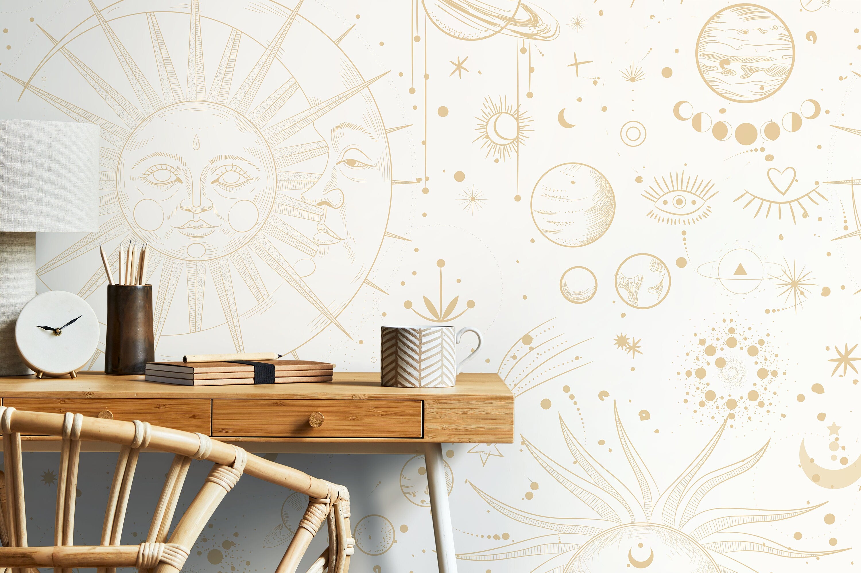 Celestial Wallpaper With Sun And Moon Motifs In Beige - D341