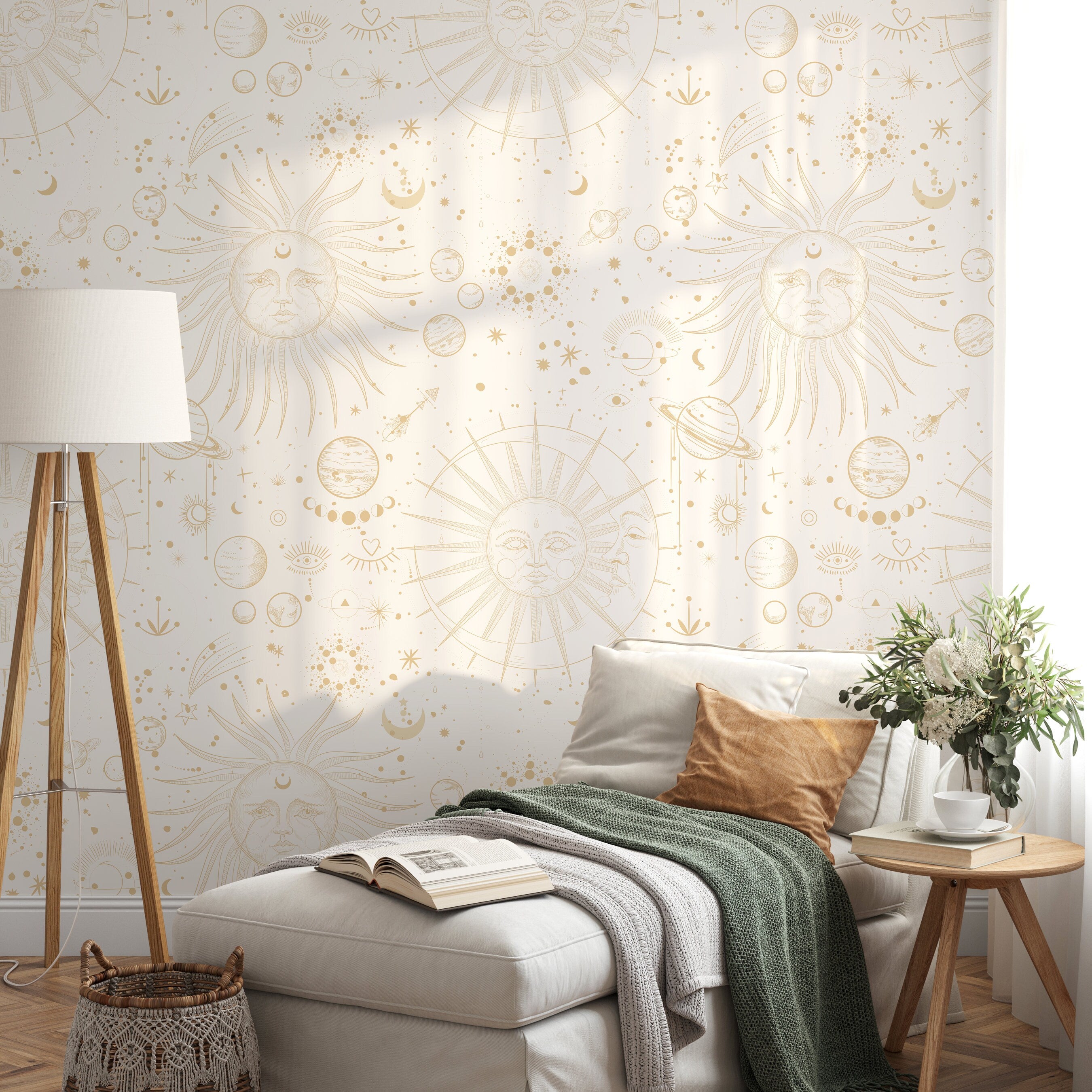 Celestial Wallpaper With Sun And Moon Motifs In Beige - D341