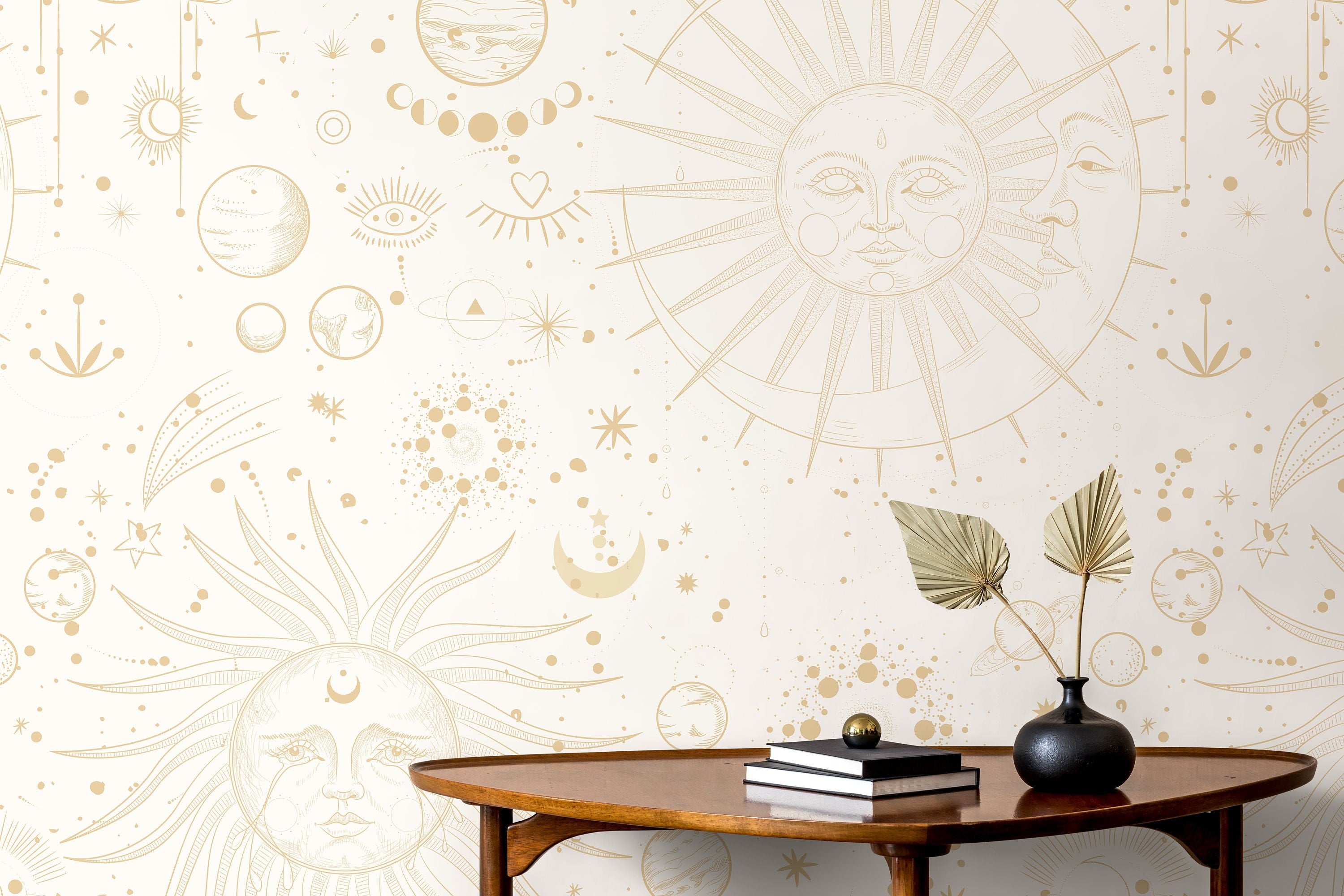 Celestial Wallpaper With Sun And Moon Motifs In Beige - D341