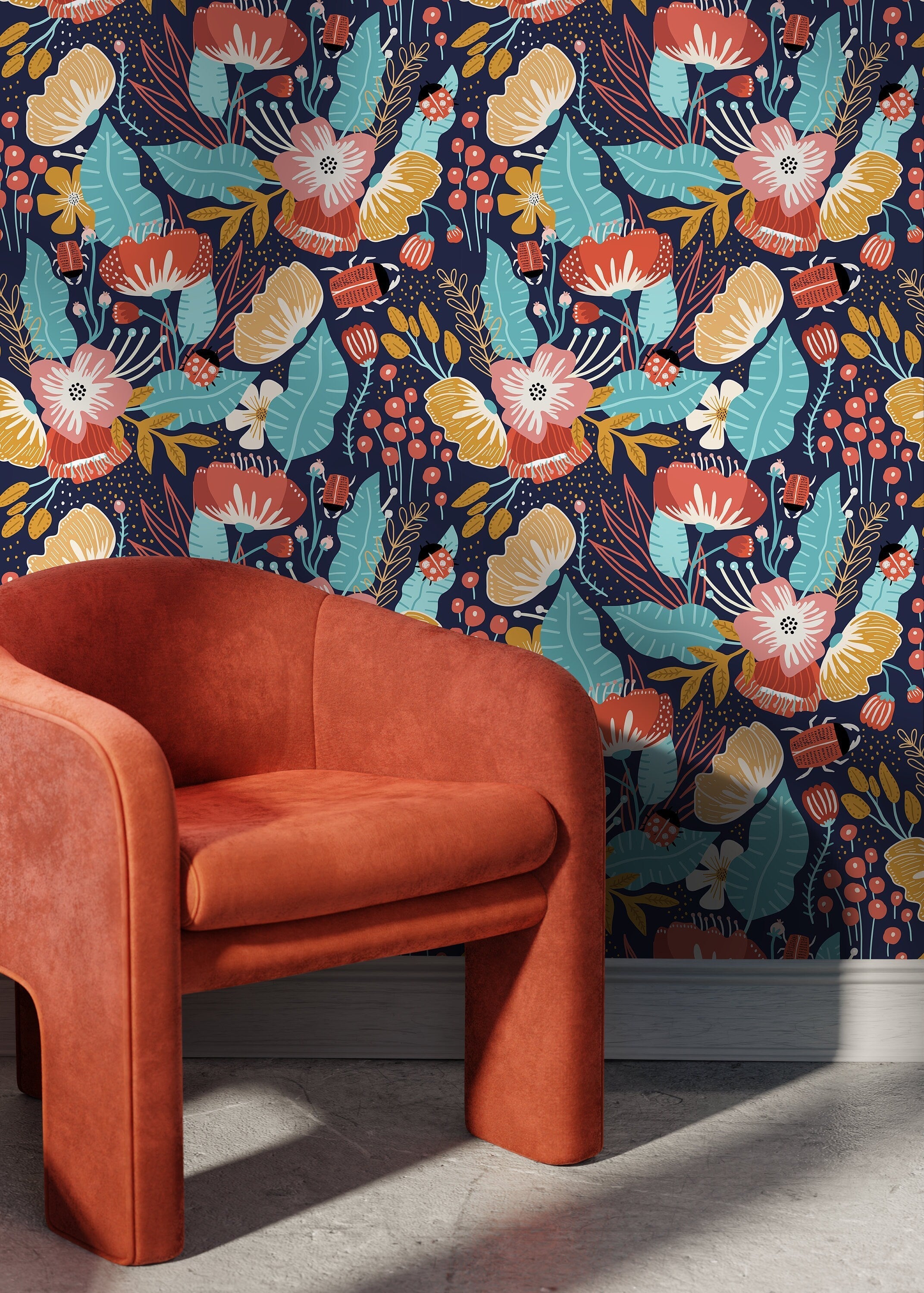 Floral Wallpaper With A Folk Art Garden In Red, Teal, And Yellow - D311